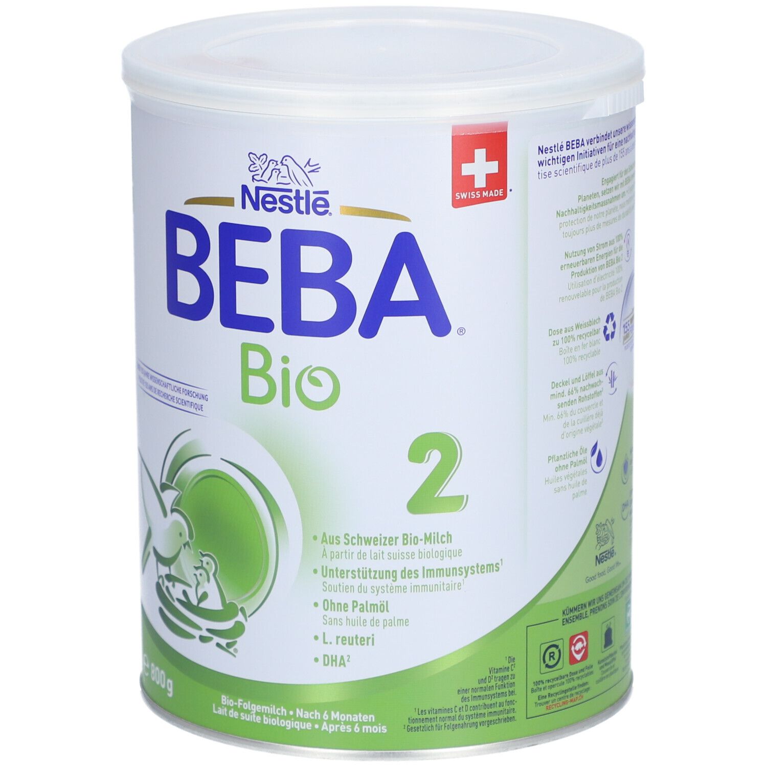 Weiße Dose mit Nestlé BEBA Bio 2. Schweizer Kreuz. 800g. Grüne Akzente. Text: Aus Schweizer Bio-Milch, DHA.