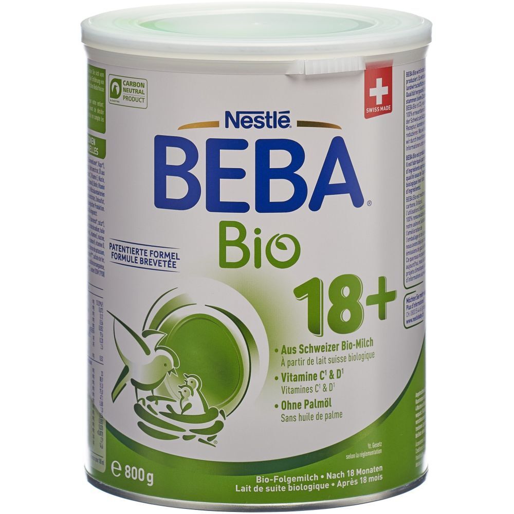 Nestlé BEBA Bio 18+ Dose. Grün-weißes Design. Text: Bio-Milch, Vitamin C & D, ohne Palmöl. Schweizer Flagge. 800g.
