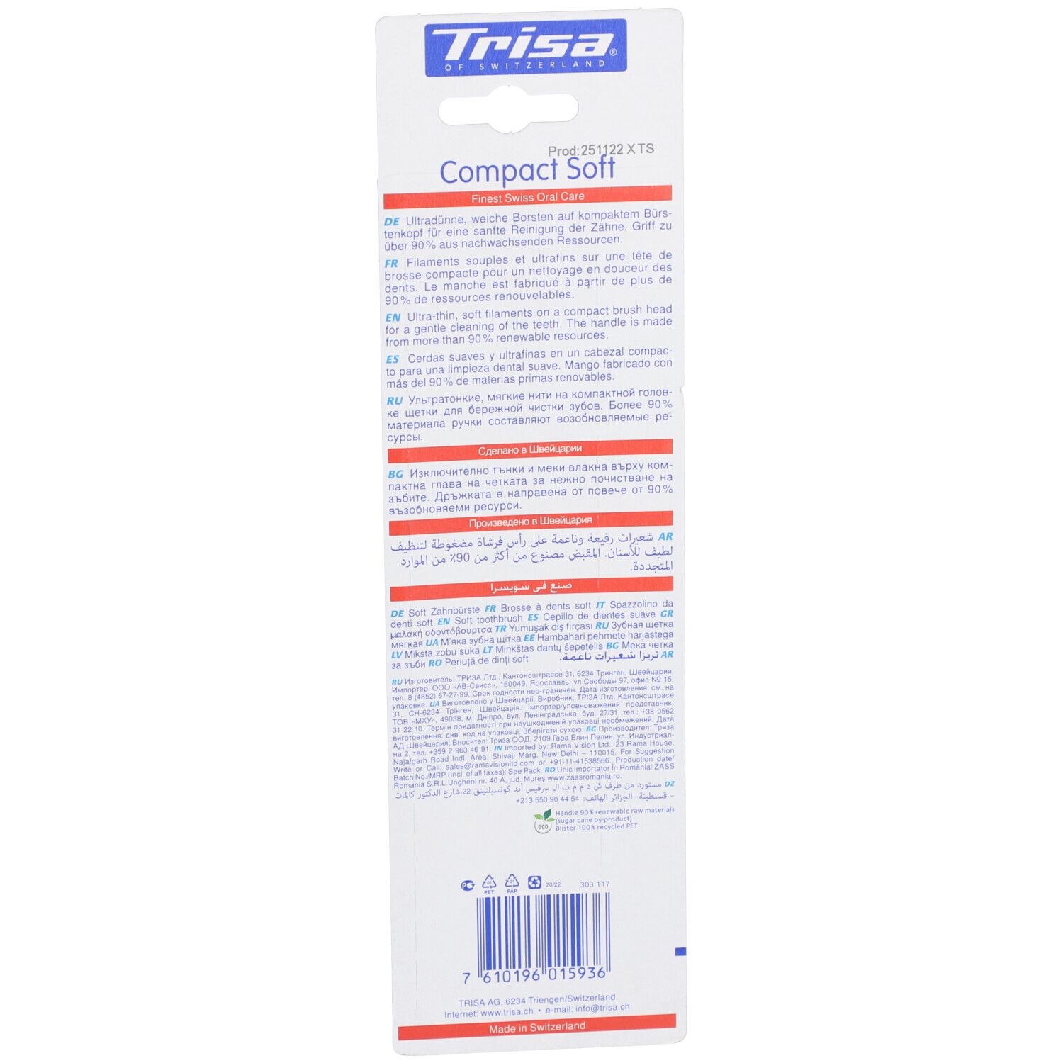 Rückseite der Blisterverpackung mit Produktinformationen und Texten in verschiedenen Sprachen, einschließlich Deutsch.