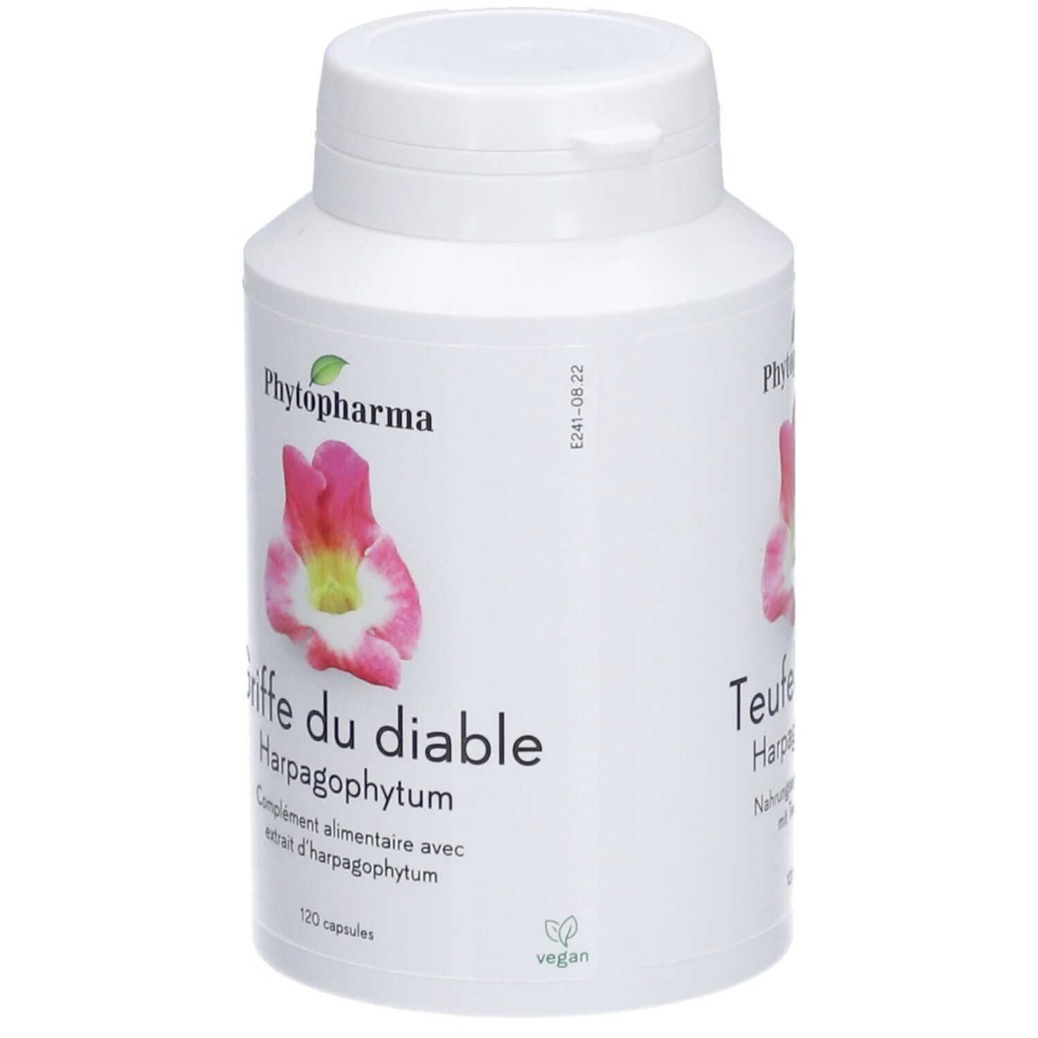 Weiße Flasche mit Kapseln. Aufschrift: Phytopharma, Teufelskralle Harpagophytum, 120 Kapseln. Vegan-Siegel.