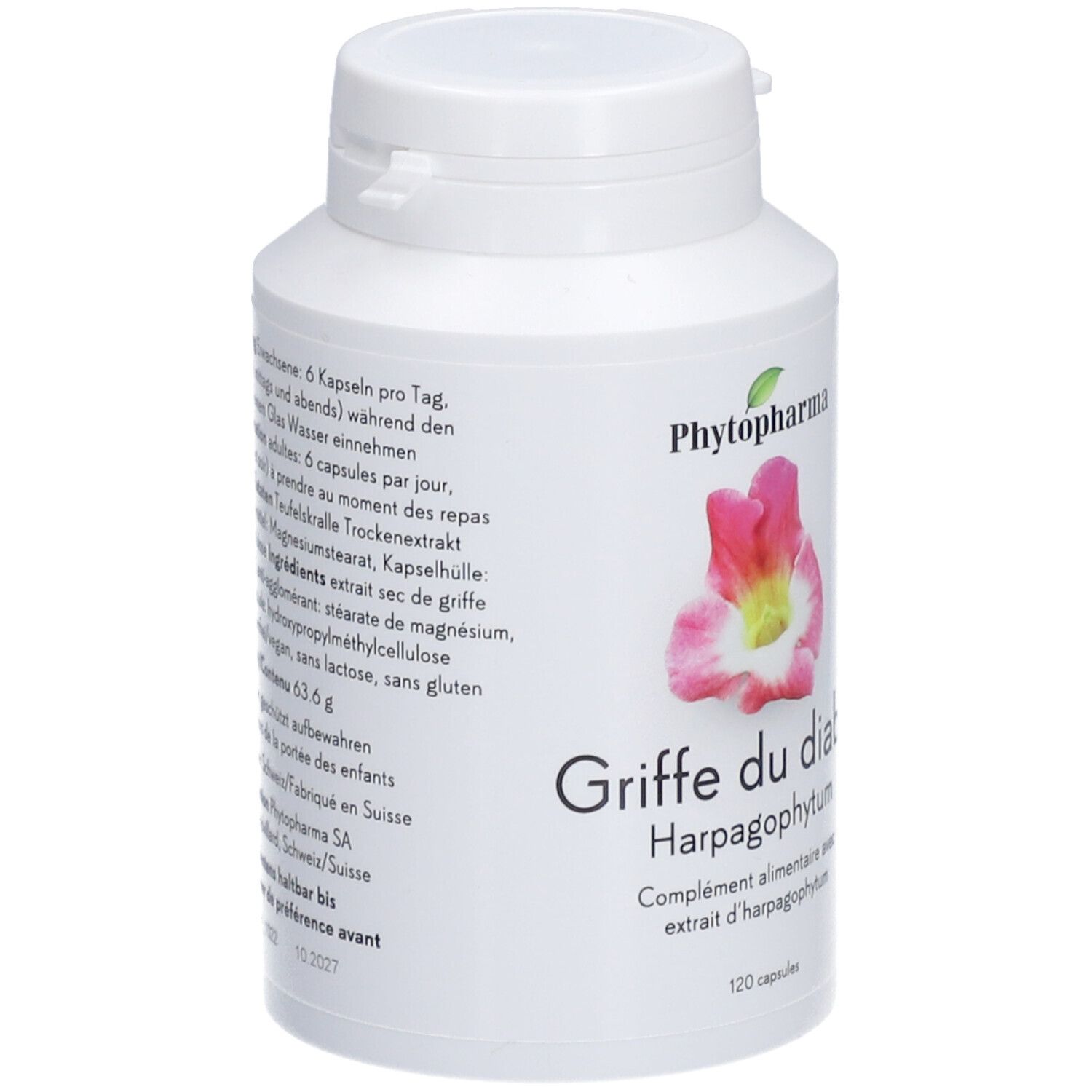 Flasche mit Kapseln. Aufschrift: Phytopharma, Griffe du diable Harpagophytum, 120 Kapseln. Vegan-Siegel.
