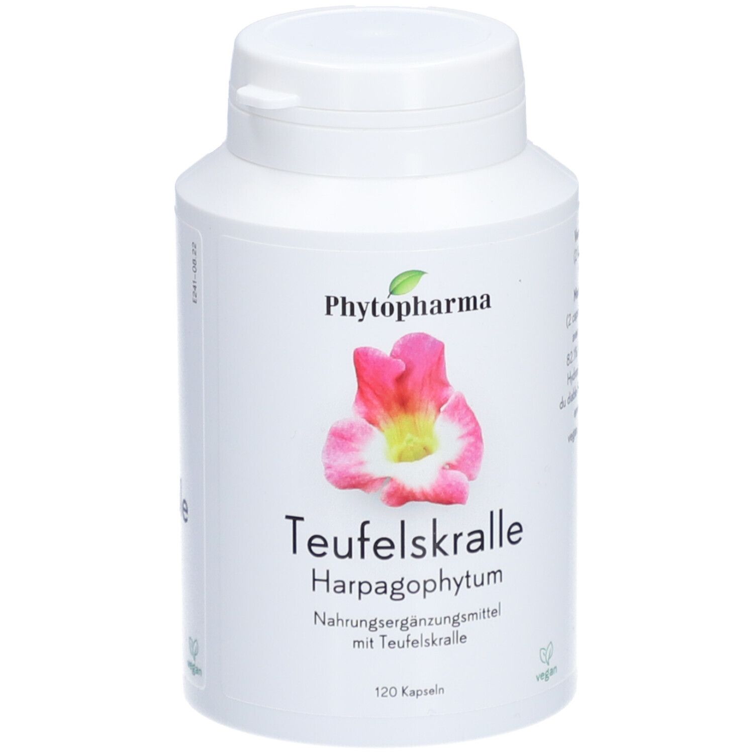 Weiße Flasche mit Kapseln. Aufschrift: Phytopharma, Teufelskralle Harpagophytum, 120 Kapseln. Vegan-Siegel.