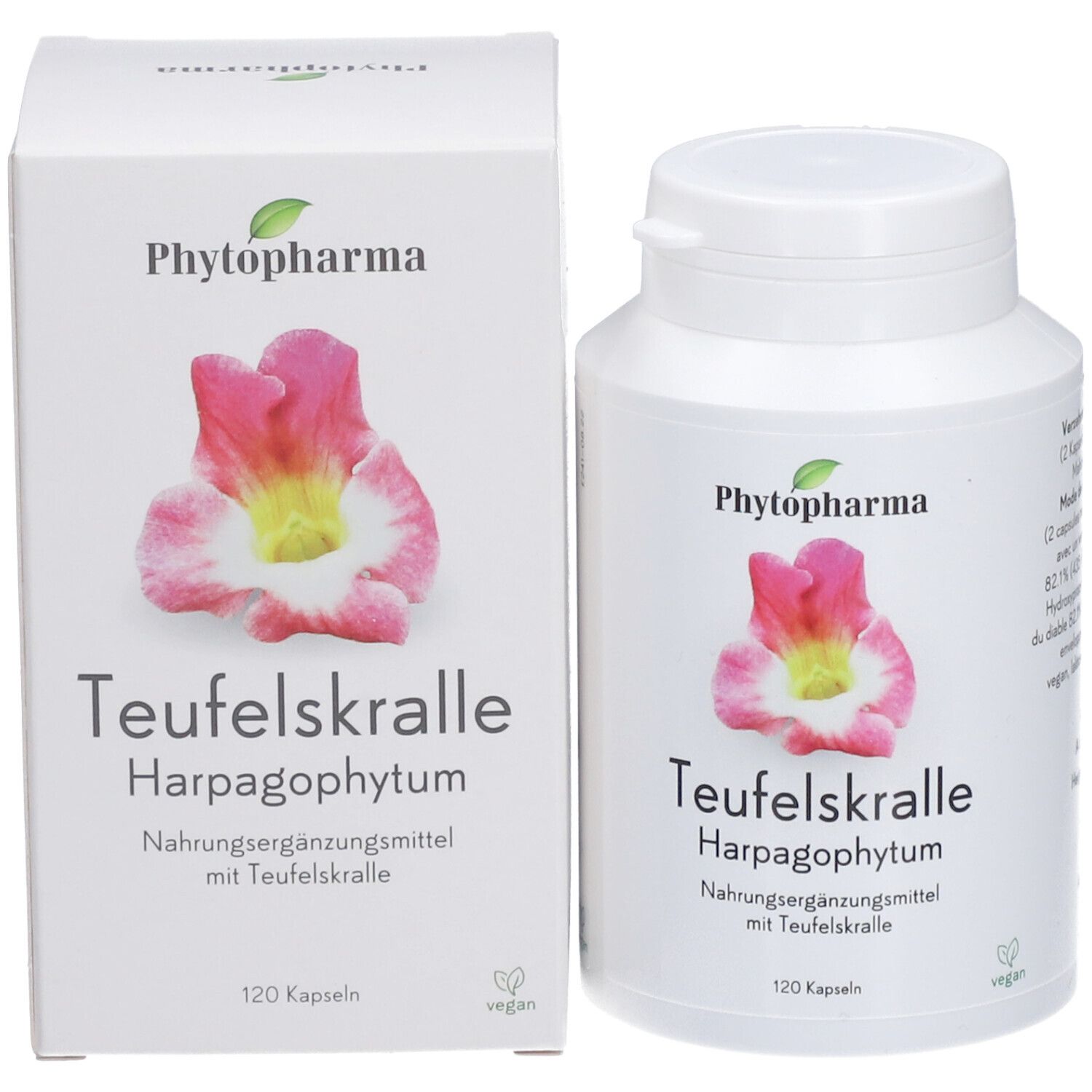 Produktverpackung mit Flasche. Aufschrift: Phytopharma, Teufelskralle Harpagophytum, 120 Kapseln. Vegan-Siegel.