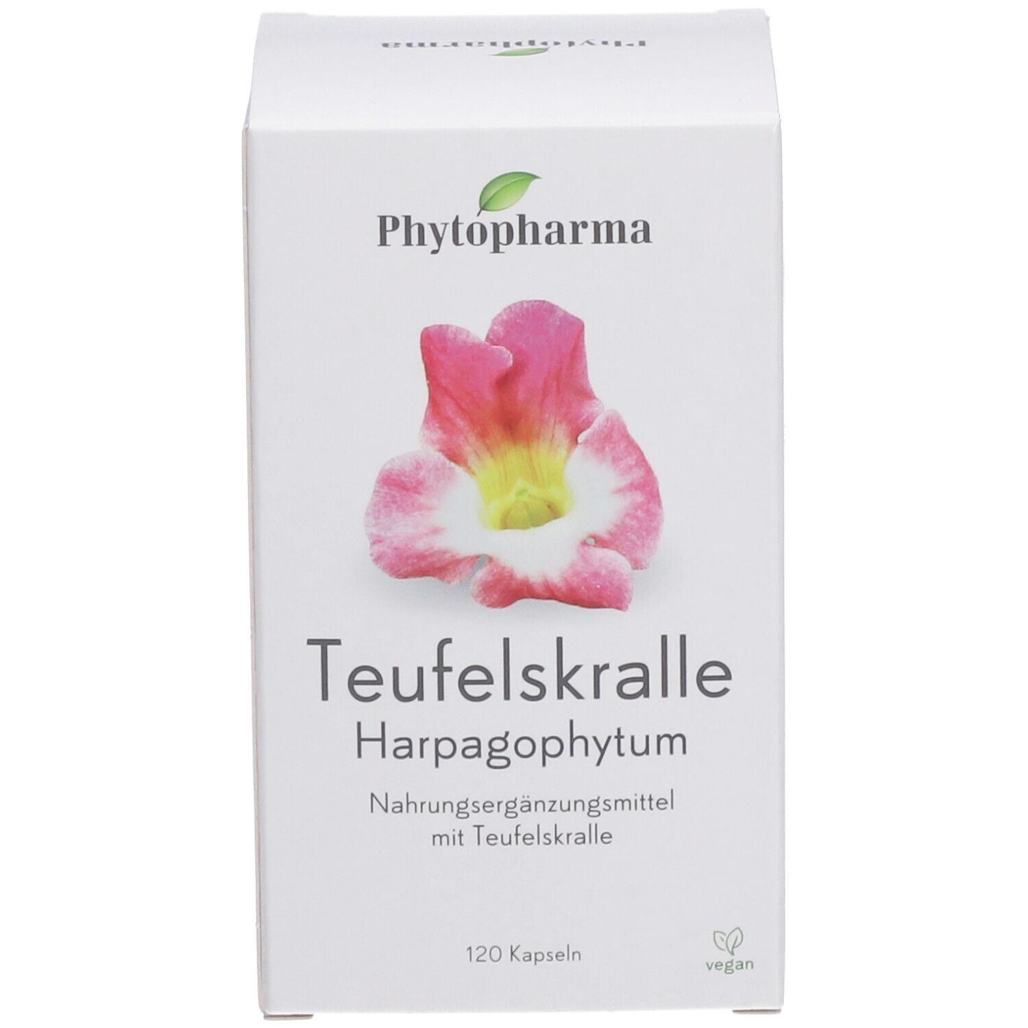Produktverpackung. Aufschrift: Phytopharma, Teufelskralle Harpagophytum, 120 Kapseln. Vegan-Siegel.