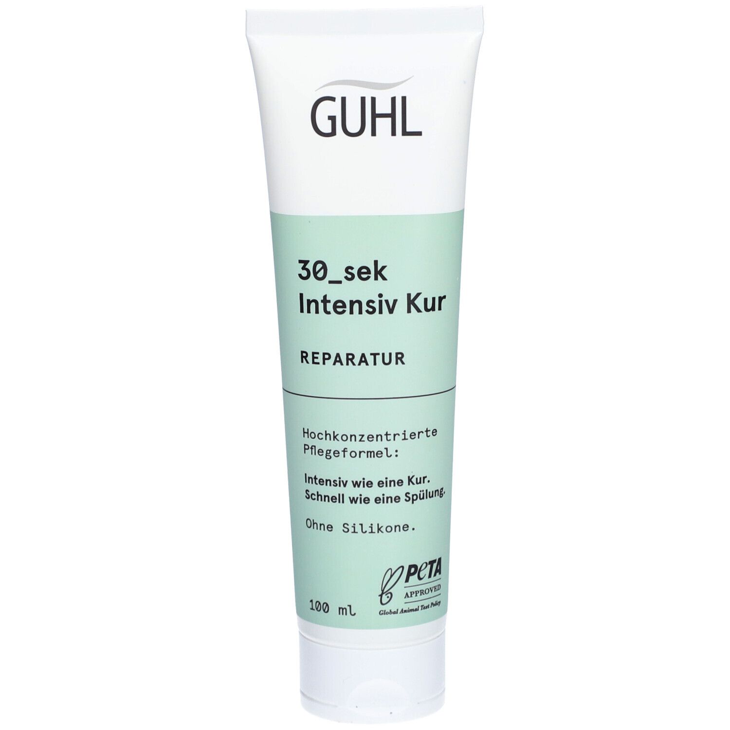 GUHL Tube. 30-Sekunden-Intensiv Kur, Reparieren. Weiße Tube mit grünen Akzenten. PETA-Logo. 100 ml.