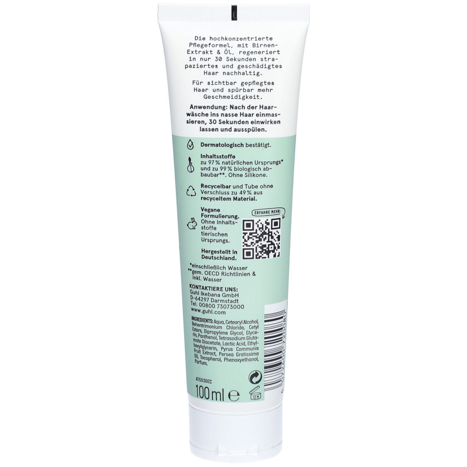 Rückseite der GUHL Tube. Text: Hochkonzentrierte Pflegeformel. Inhaltsstoffe, recycelbar, vegan. QR-Code. 100 ml.