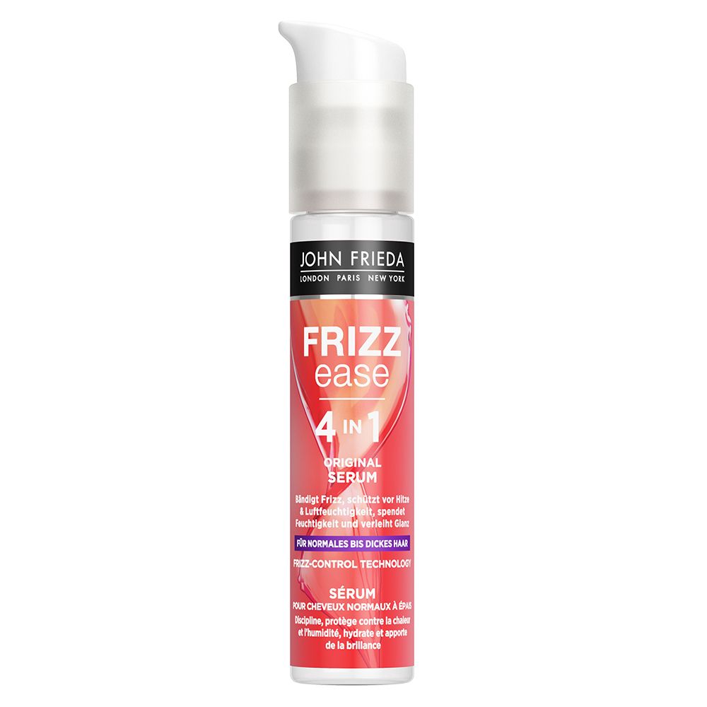Serumflasche mit Pumpkopf. Rote und weiße Etiketten mit Produktinformationen. Marke: JOHN FRIEDA.