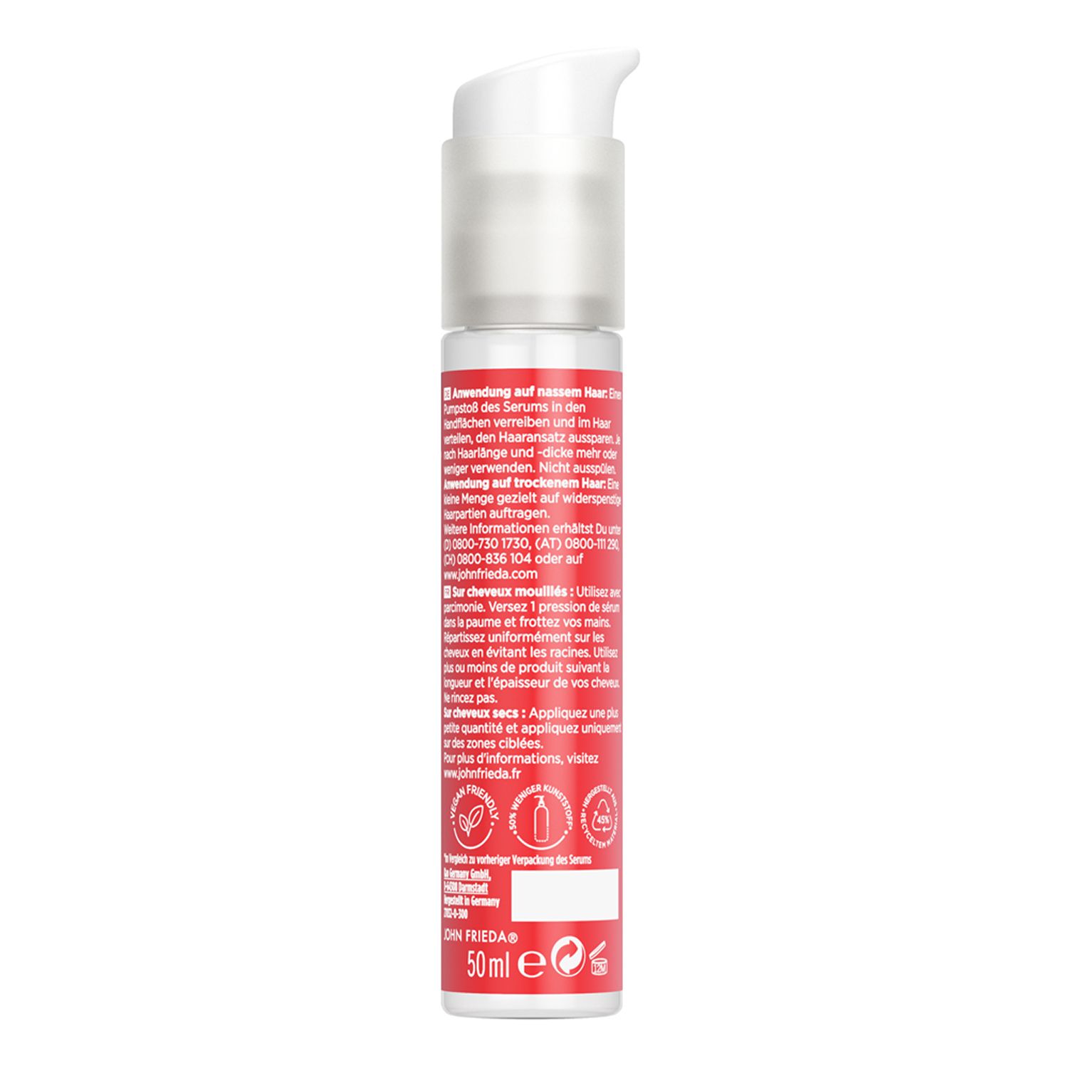 Rückseite der Serumflasche. Rotes Etikett mit Text. Marke: JOHN FRIEDA. Volumen: 50 ml.