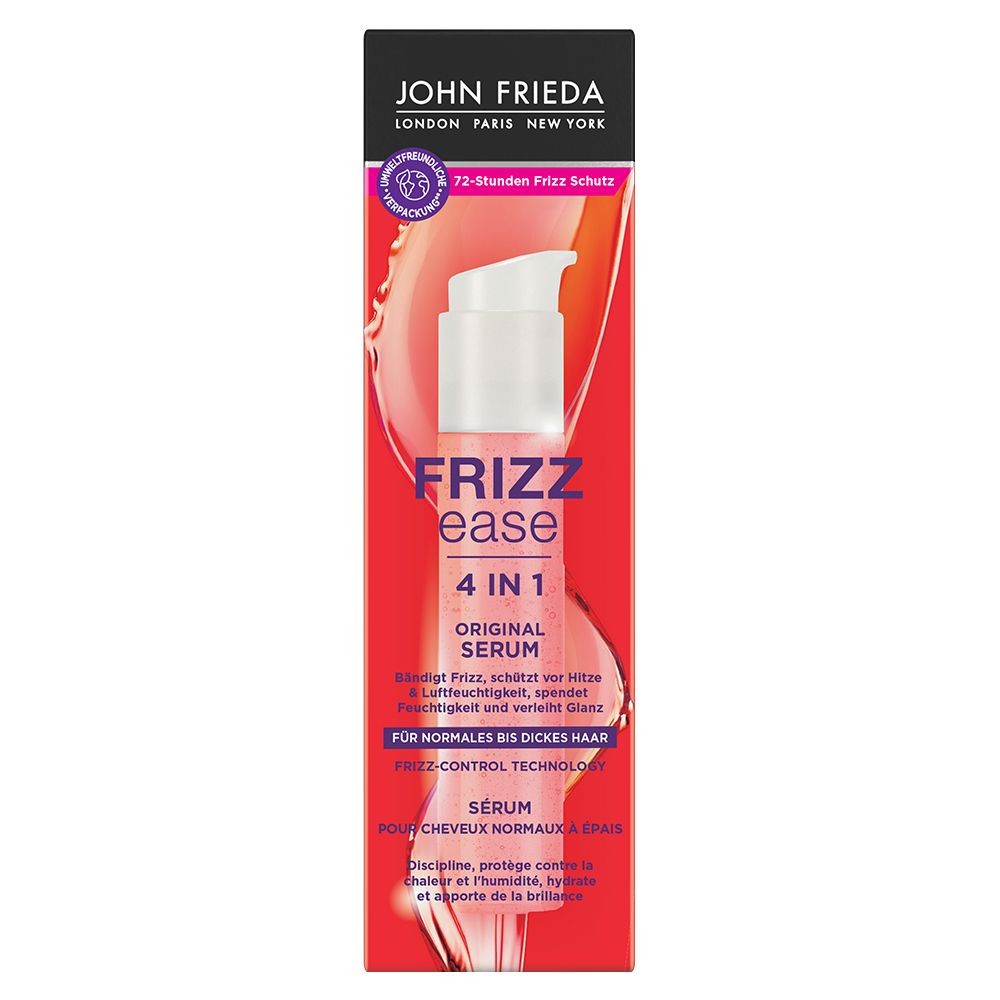 Produktverpackung mit Serumflasche. Schwarzer Karton mit rotem Etikett. Marke: JOHN FRIEDA. 72-Stunden-Frizz-Schutz.
