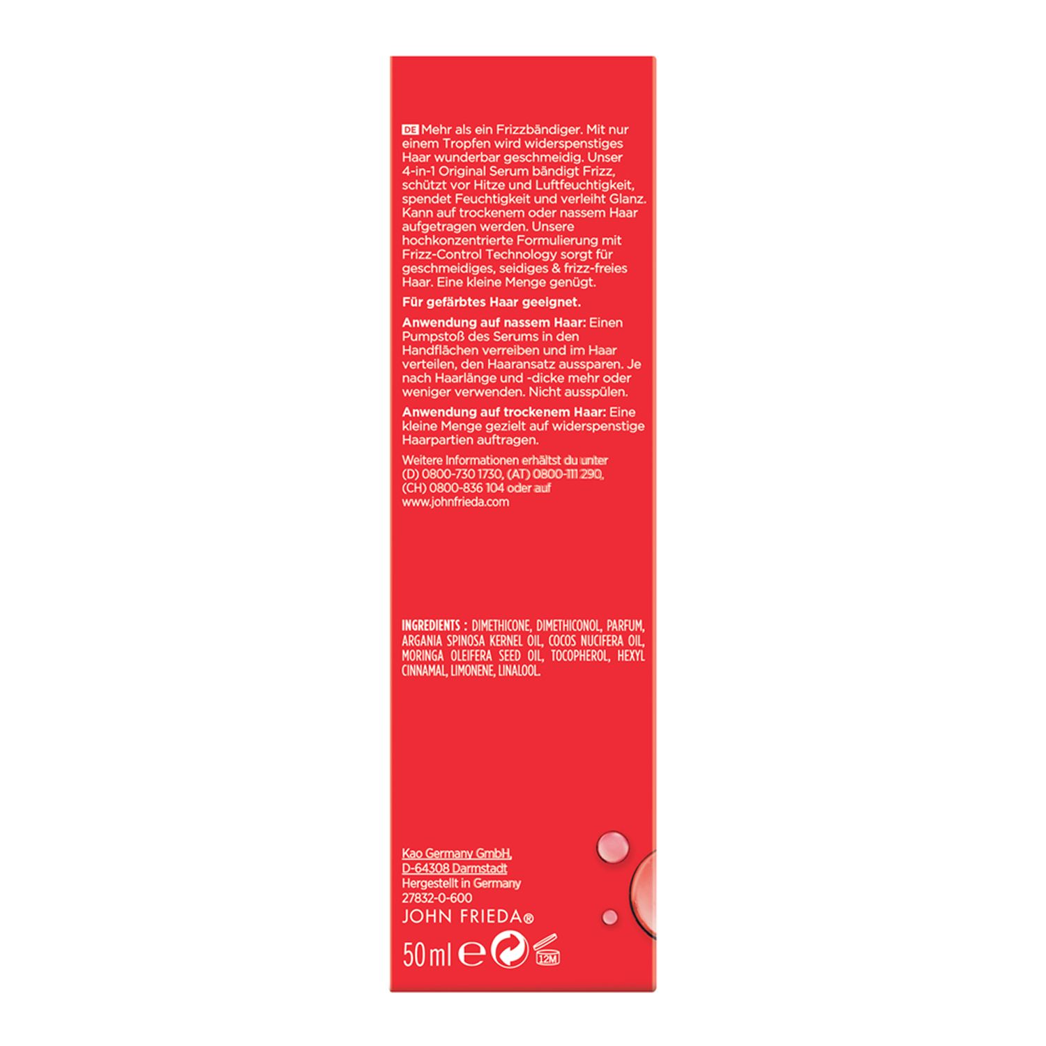 Rückseite der Produktverpackung. Rotes Etikett mit Text. Marke: JOHN FRIEDA. Volumen: 50 ml.