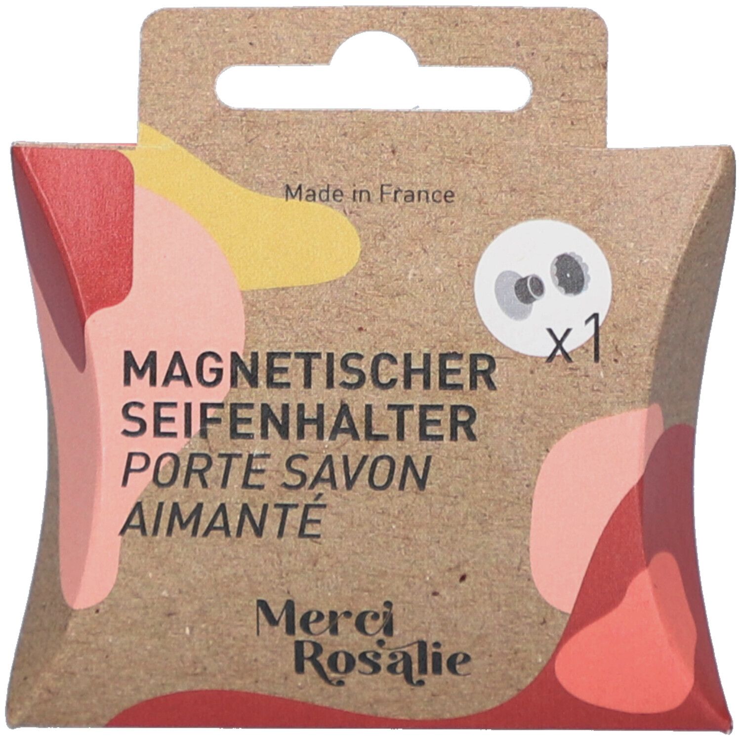 Verpackung für einen magnetischen Seifenhalter, Made in France.