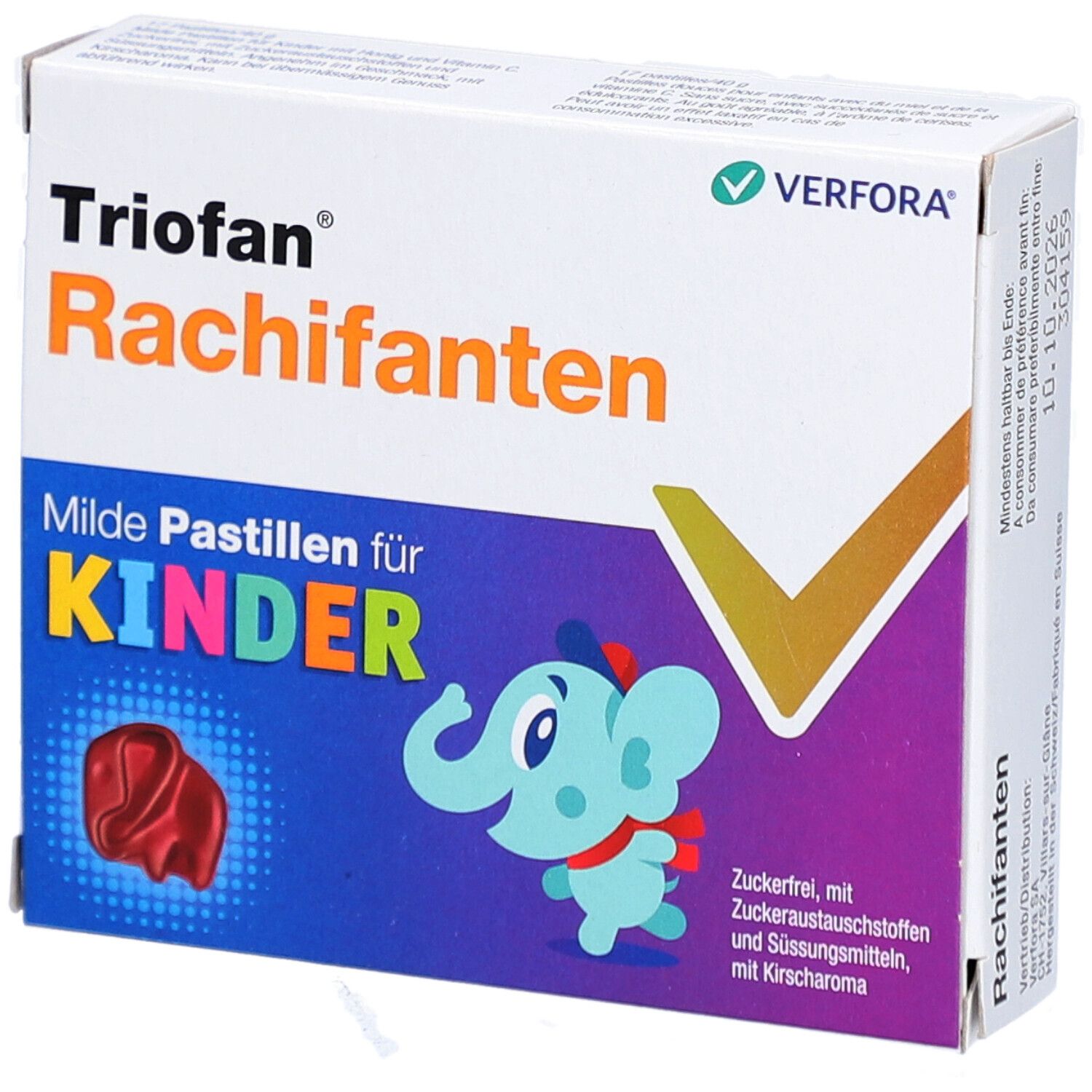 Verpackung mit Triofan Rachifanten. Aufschrift: Milde Pastillen für KINDER. Abbildung eines Elefanten und einer roten Pastille.