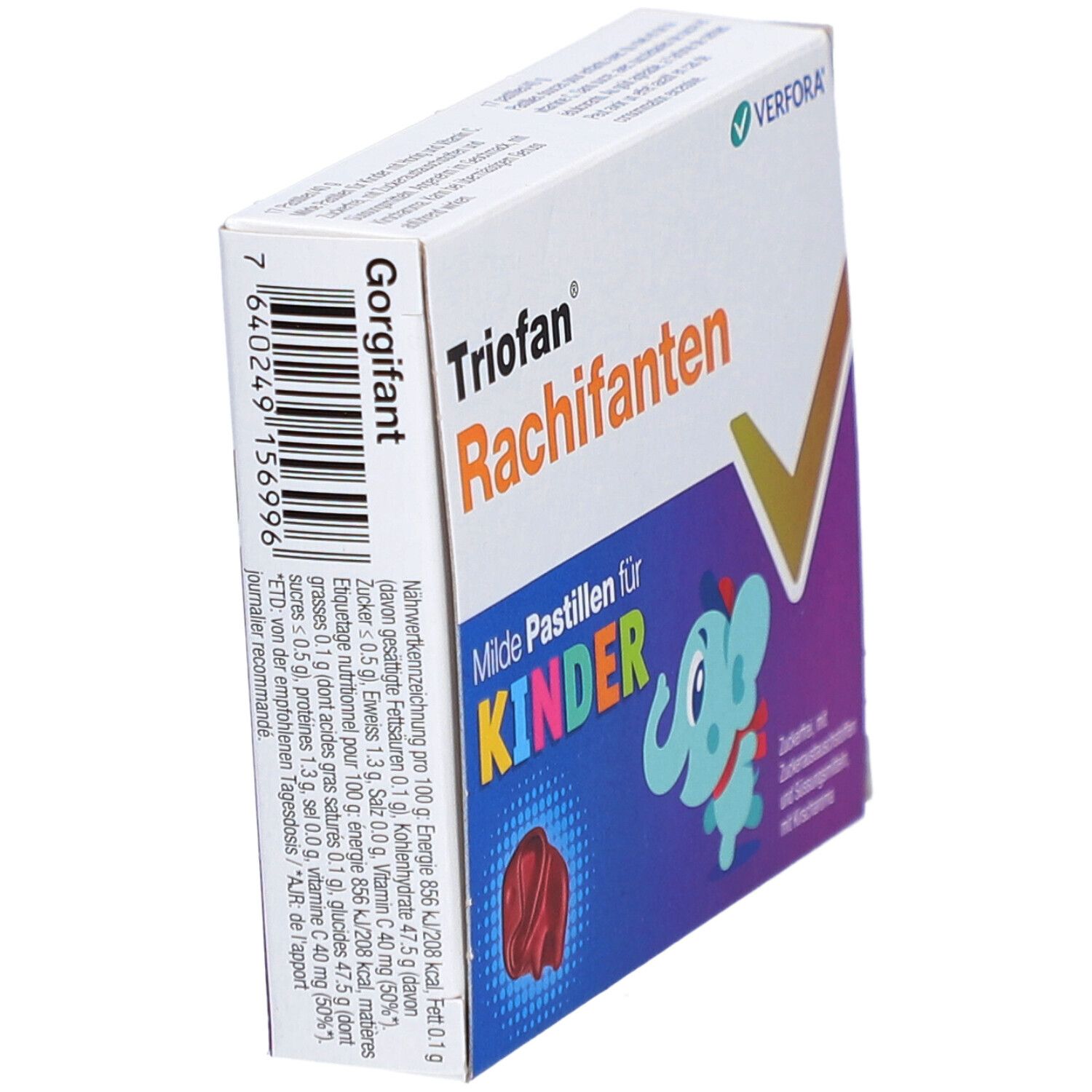 Schrägansicht der Triofan Rachifanten Verpackung. Aufschrift: Milde Pastillen für KINDER. Abbildung eines Elefanten und einer roten Pastille.