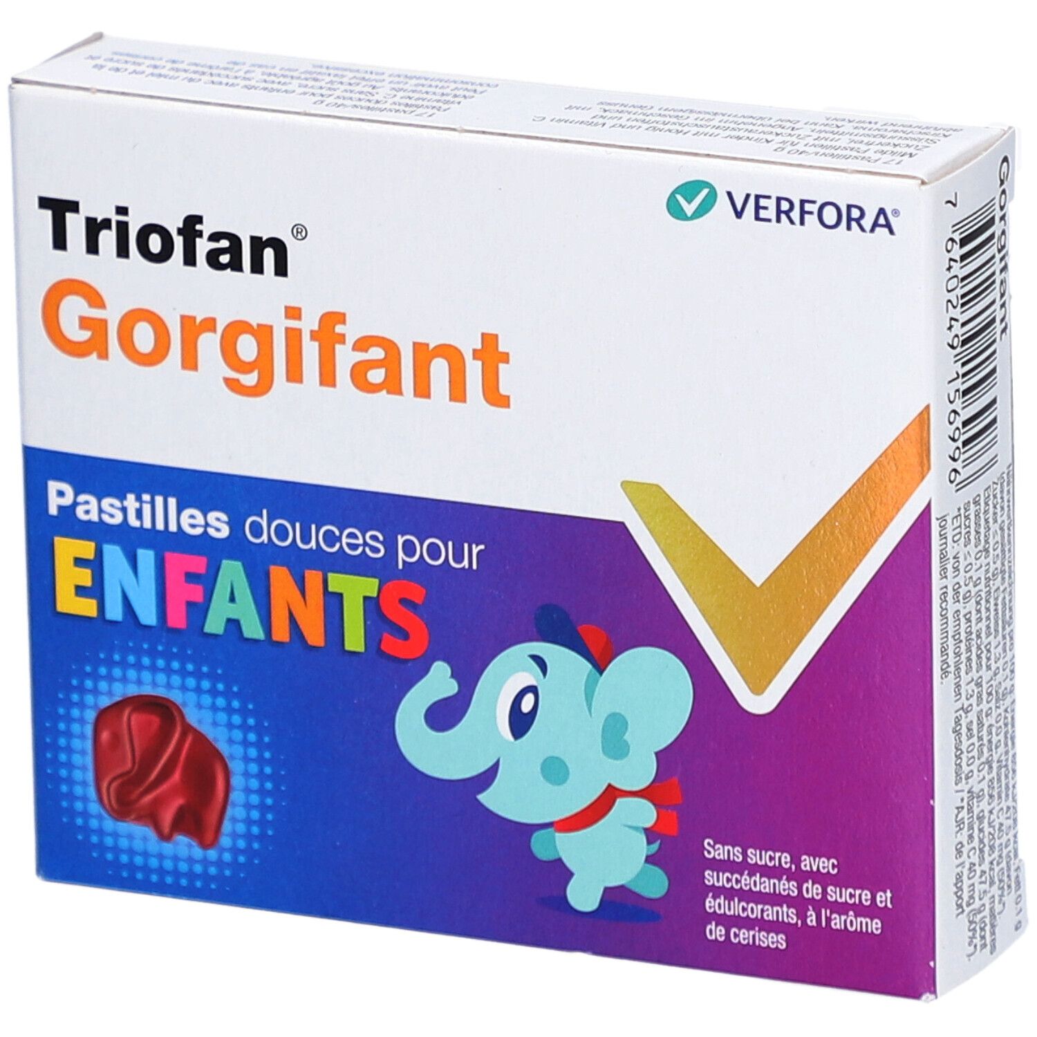Verpackung mit Triofan Gorgifant. Aufschrift: Pastilles douces pour ENFANTS. Abbildung eines Elefanten und einer roten Pastille.