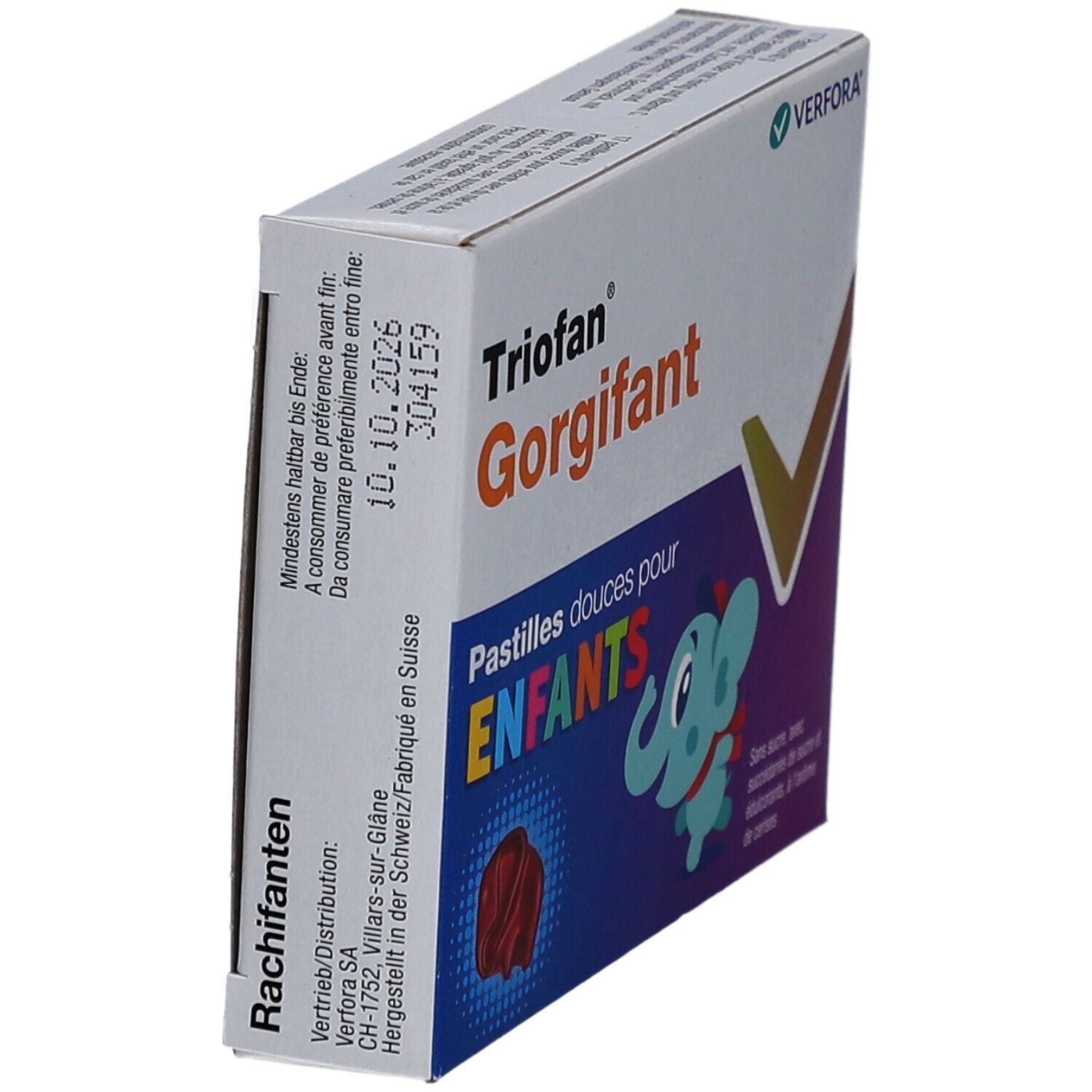 Schrägansicht der Triofan Gorgifant Verpackung. Aufschrift: Pastilles douces pour ENFANTS. Abbildung eines Elefanten und einer roten Pastille.