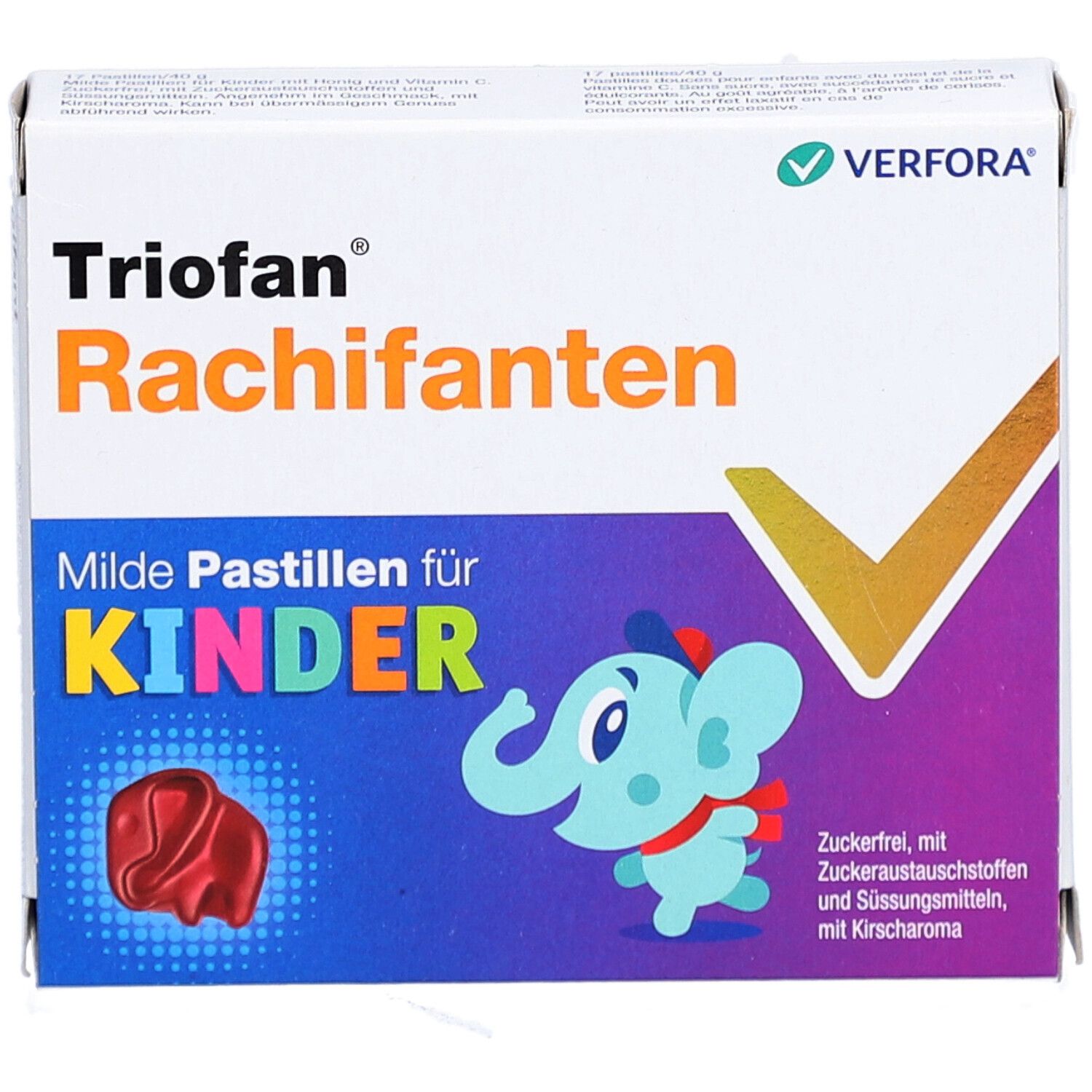 Verpackung mit Triofan Rachifanten. Aufschrift: Milde Pastillen für KINDER. Abbildung eines Elefanten und einer roten Pastille.