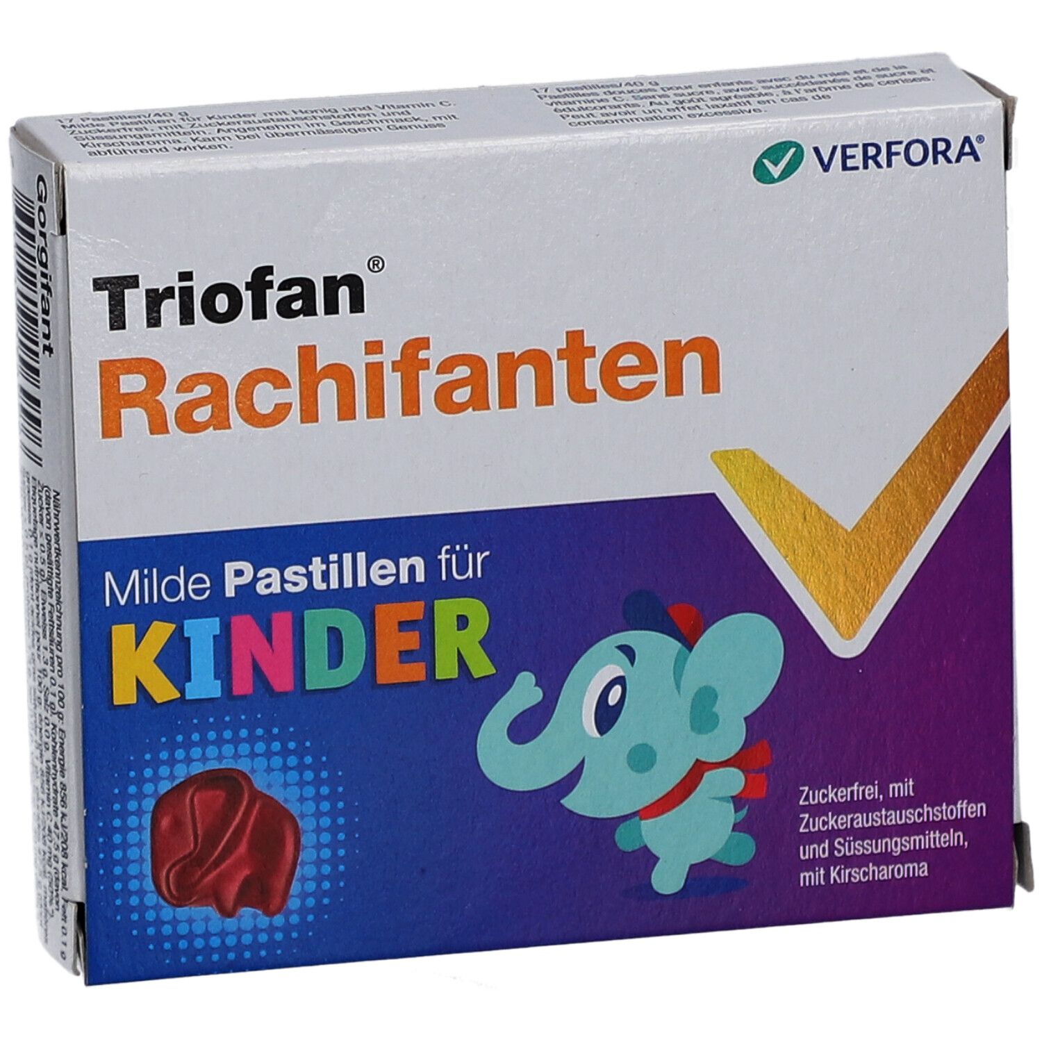 Verpackung mit Triofan Rachifanten. Aufschrift: Milde Pastillen für KINDER. Abbildung eines Elefanten und einer roten Pastille.