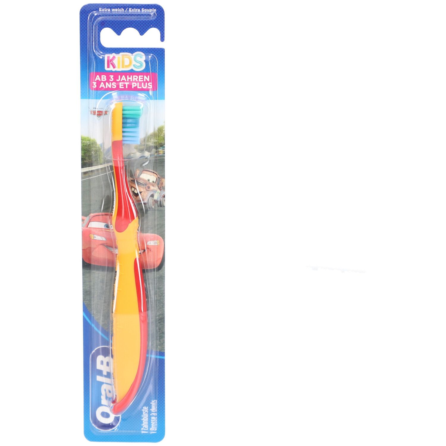 Zahnbürste für Kinder. Gelb-roter Griff, blauer Borstenkopf. Verpackung mit Logo und Schriftzug 'KIDS'.