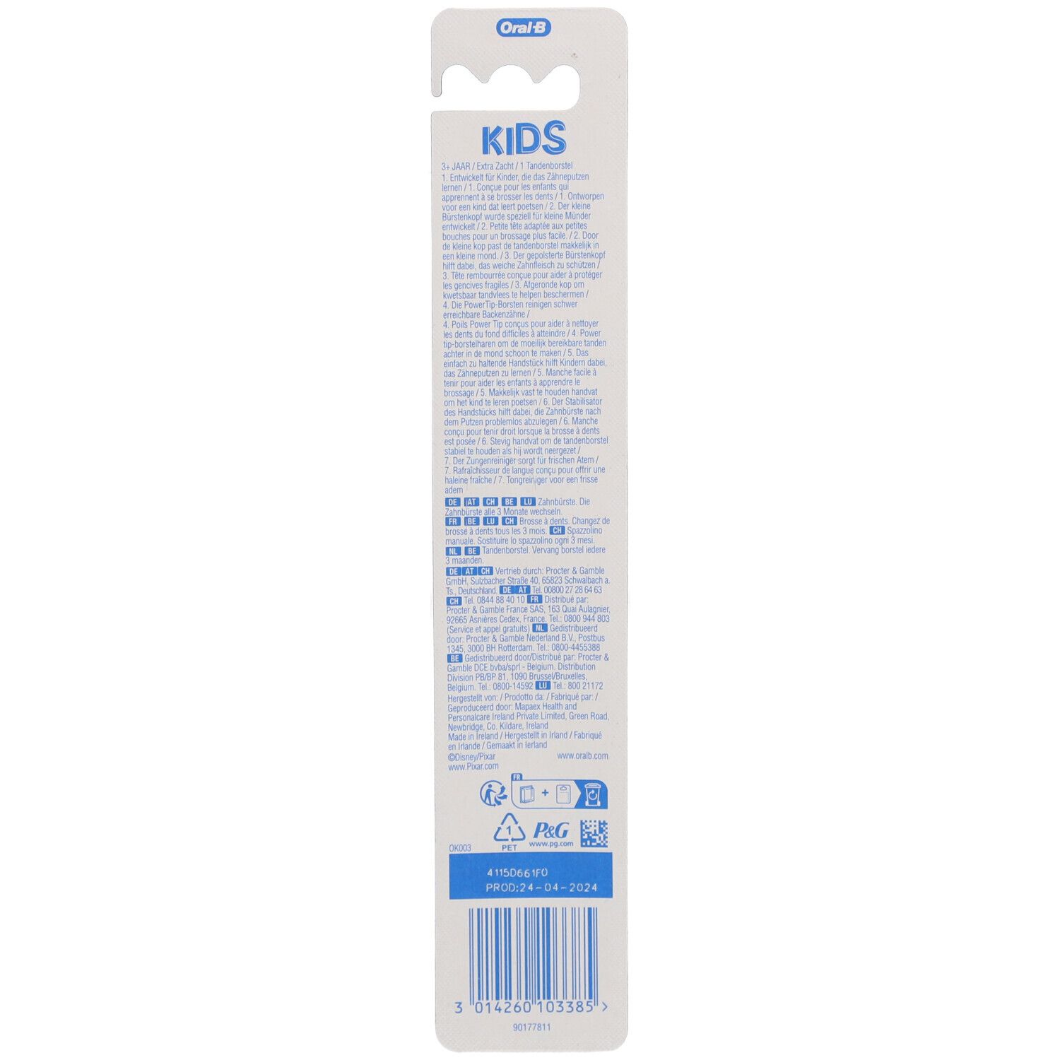 Rückseite der Zahnbürstenverpackung. Text in mehreren Sprachen. Barcode und Logo.