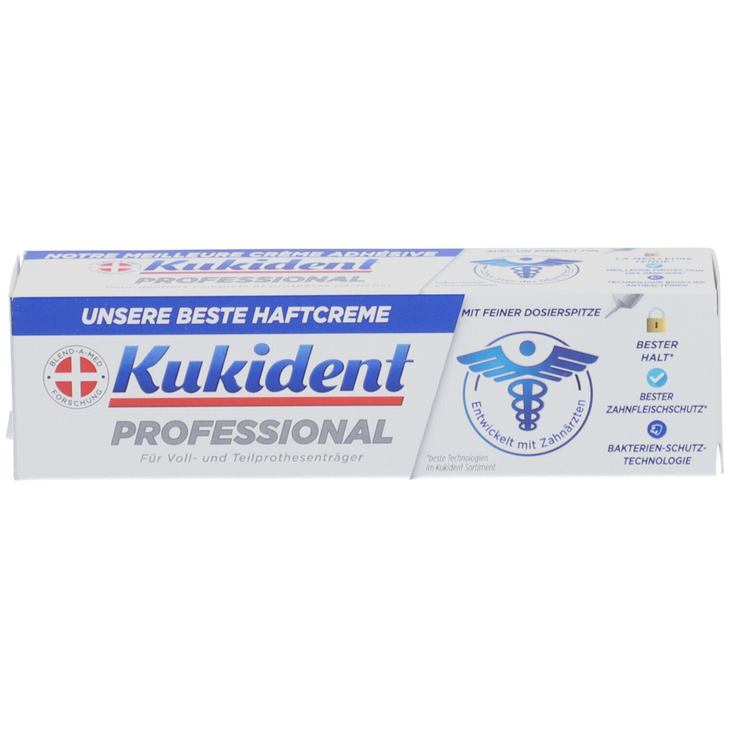 Boîte blanche avec texte bleu. Inscription: Kukident Professional, notre meilleure crème adhésive. Logo avec symbole dentaire.