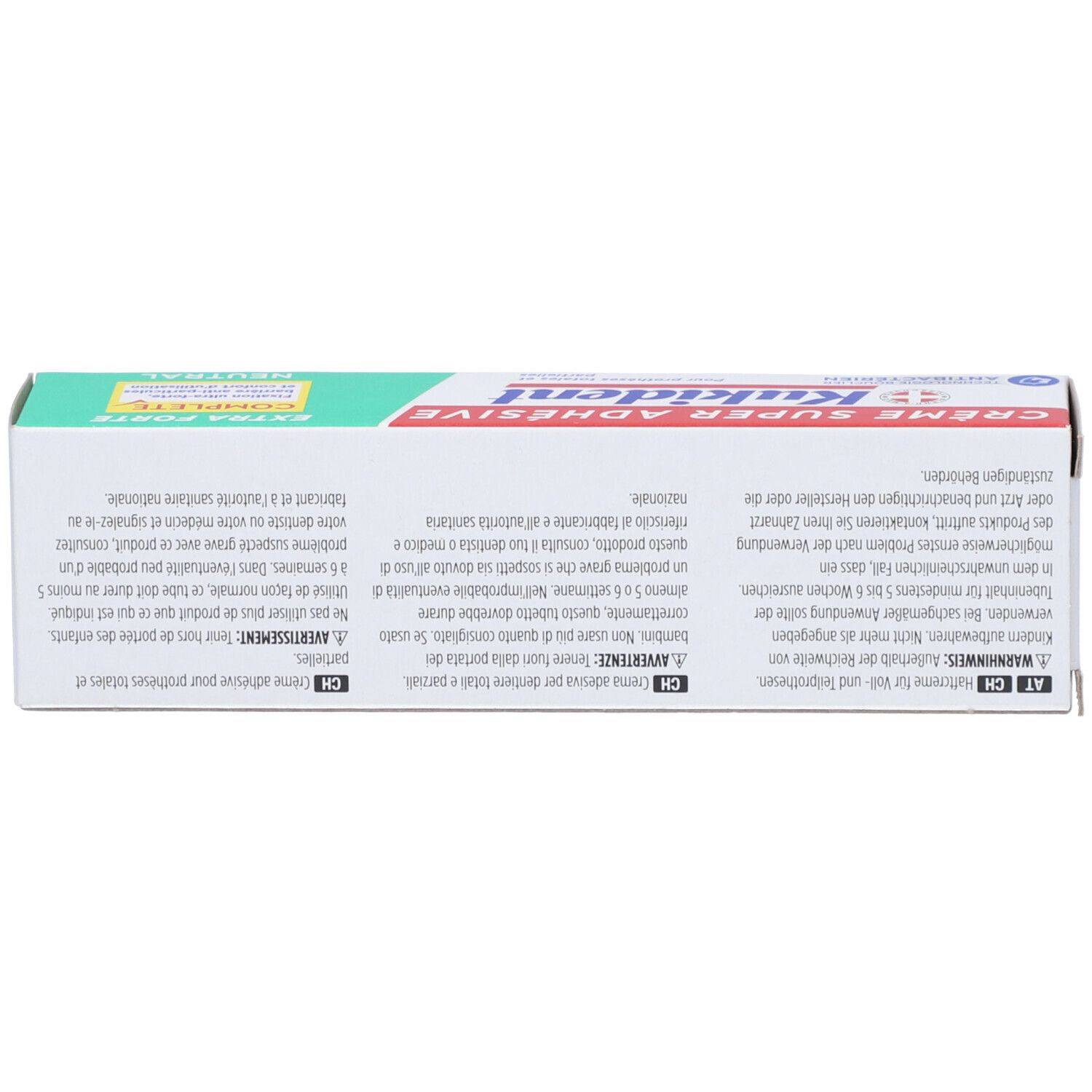 Schachtel, Oberseite. Text in mehreren Sprachen. Aufschrift "Kukident Super Haftcreme".