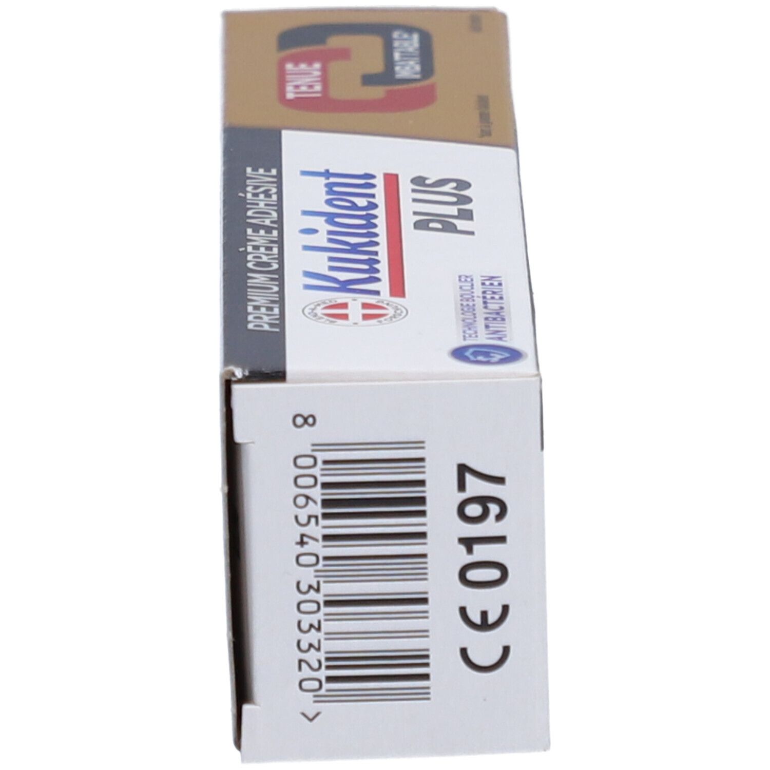 Seitenansicht der Produktverpackung. Barcode, CE-Kennzeichnung und Produktinformationen auf weißem Grund.