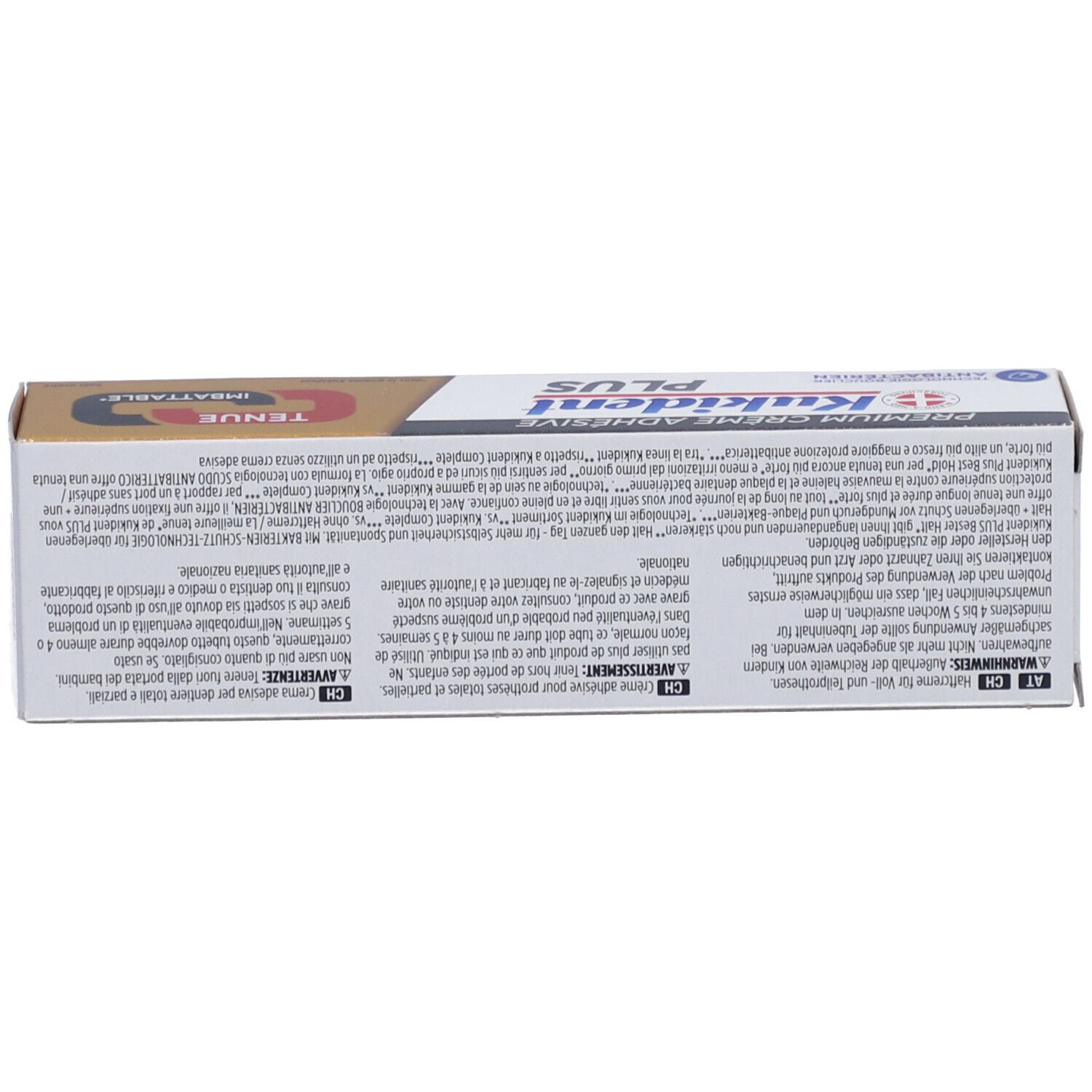 Rückseite der Produktverpackung. Mehrsprachiger Text, Produktinformationen und Herstellerangaben.
