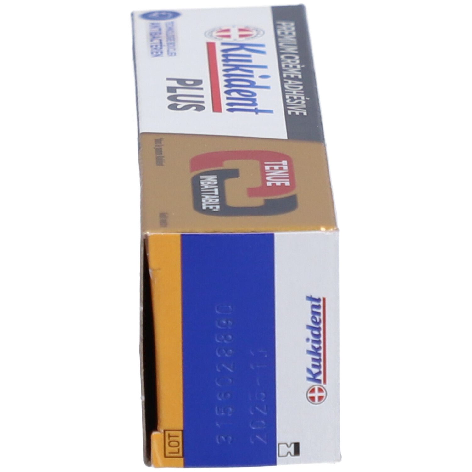 Oberseite der Produktverpackung. Produktname, Logo und Haltbarkeitsdatum auf goldfarbenem Grund.