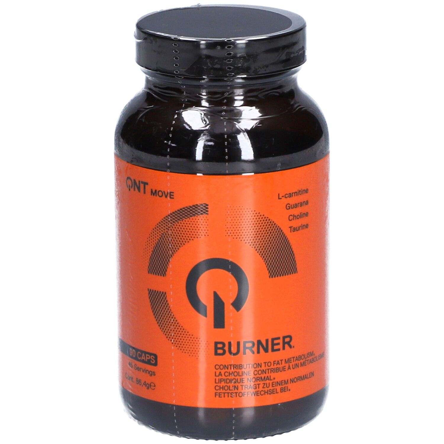 Flacon brun de gélules avec couvercle noir. Étiquette orange avec nom du produit et ingrédients.