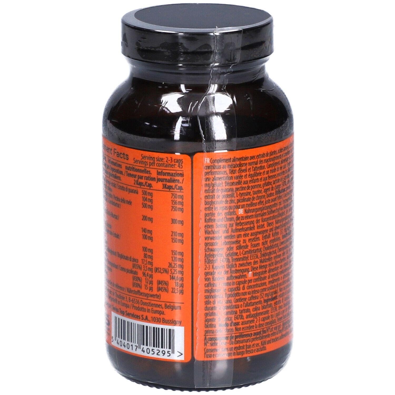 Flacon de gélules avec informations nutritionnelles. Étiquette orange avec informations et code-barres.