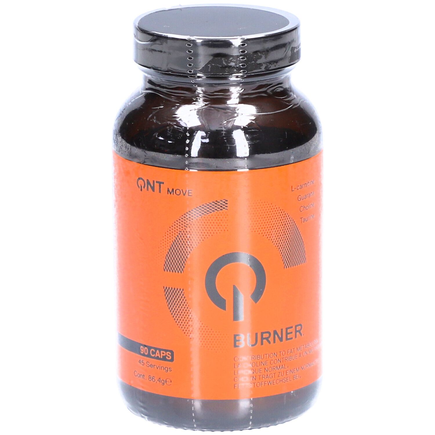 Flacon de gélules légèrement incliné. Étiquette orange avec nom et logo du produit. Couvercle noir.