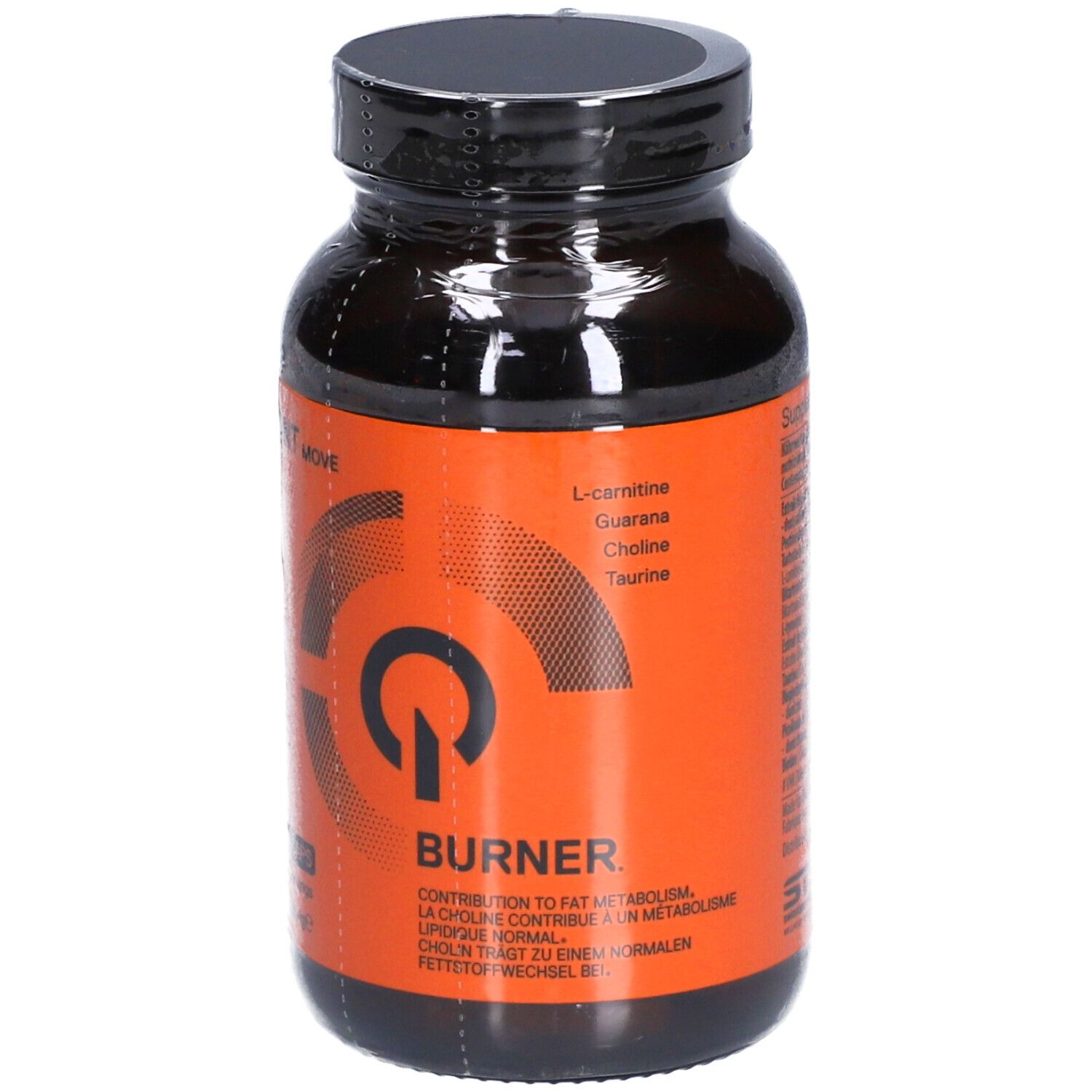 Flacon de gélules avec nom du produit et ingrédients. Étiquette orange. Couvercle noir.