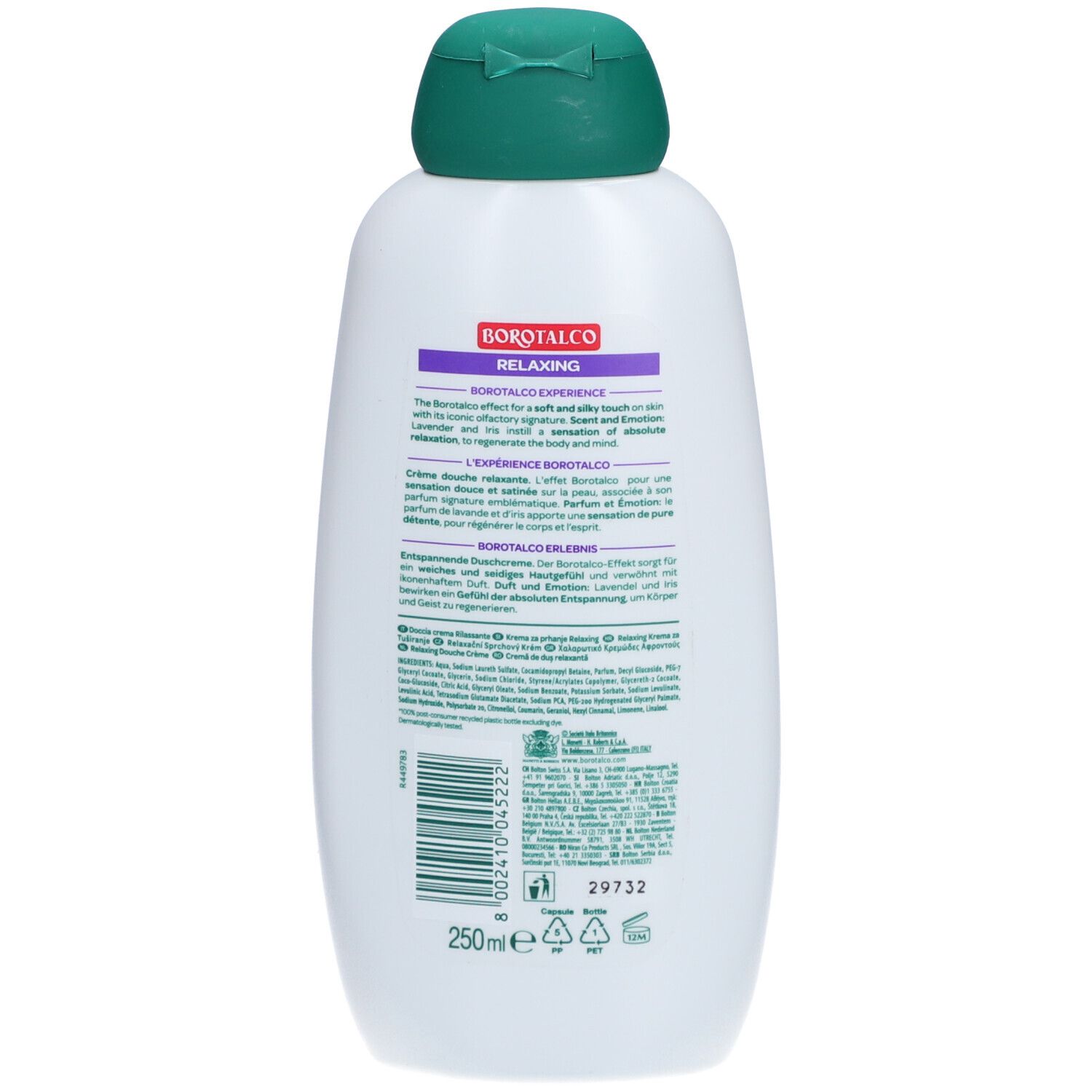 Rückseite der weißen Flasche mit grünem Deckel. Text und Barcode auf dem Etikett. Aufschrift: Relaxing, Shower Cream.
