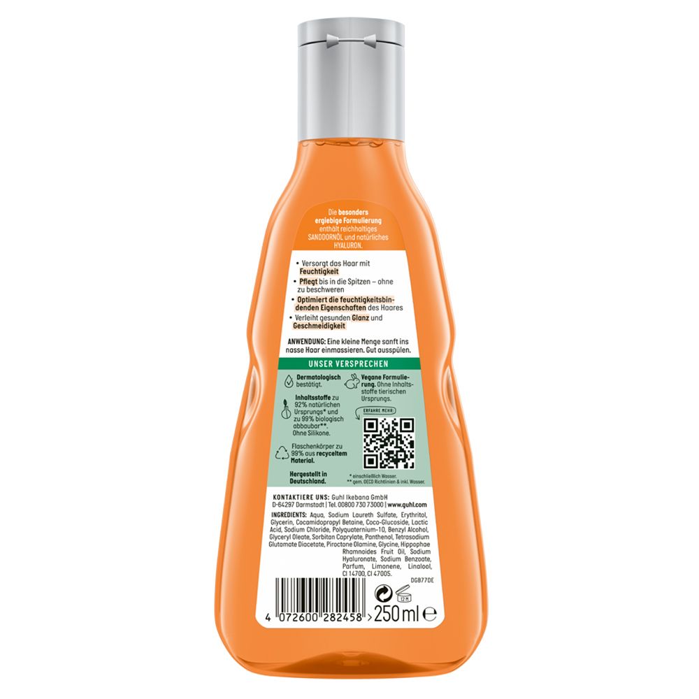 Rückseite der GUHL Feuchtigkeitsaufbau Shampoo Flasche. Text, QR-Code und Inhaltsstoffe sind sichtbar.