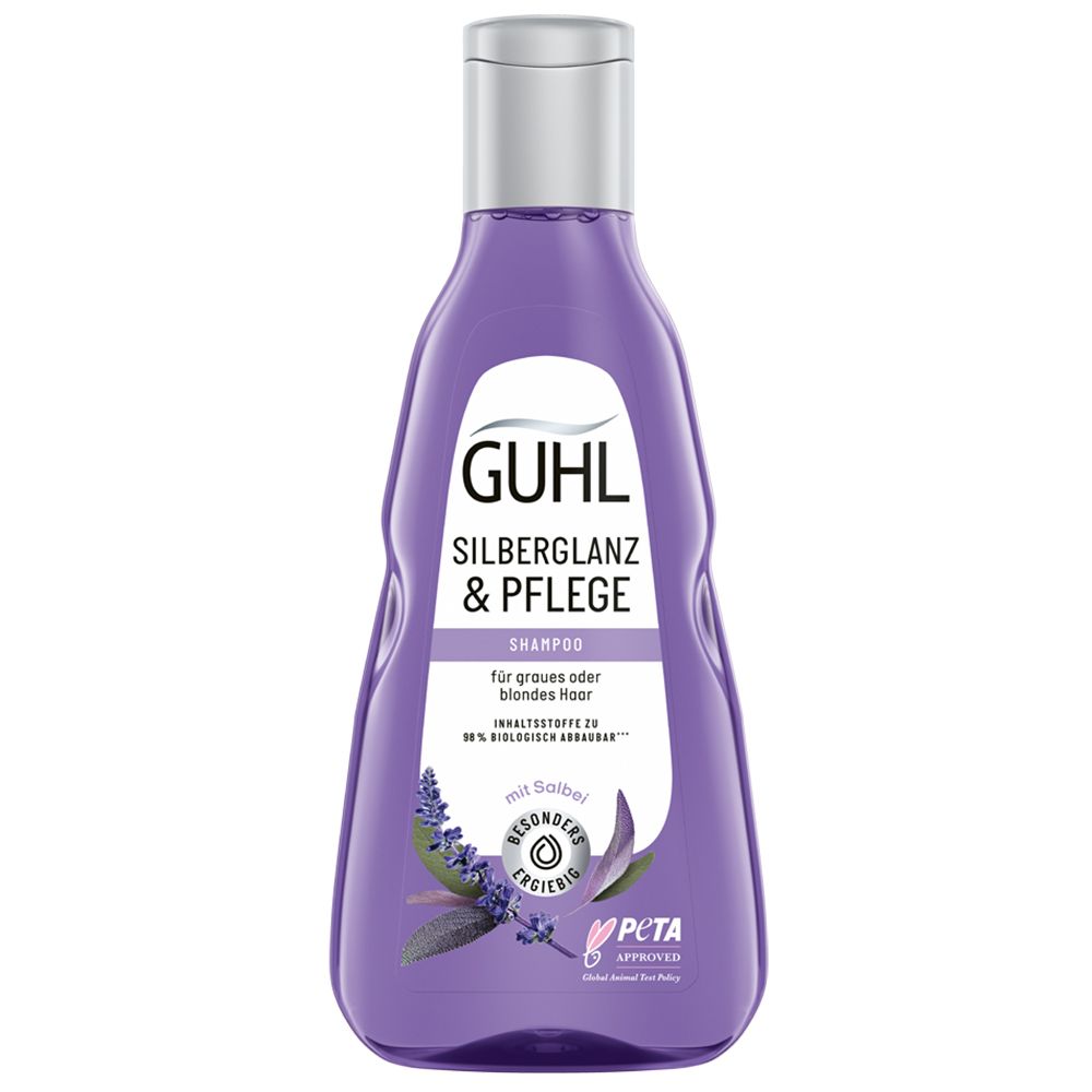 GUHL Silberglanz & Pflege Shampoo Flasche. Lila Flüssigkeit, silberner Deckel. PETA-Logo.