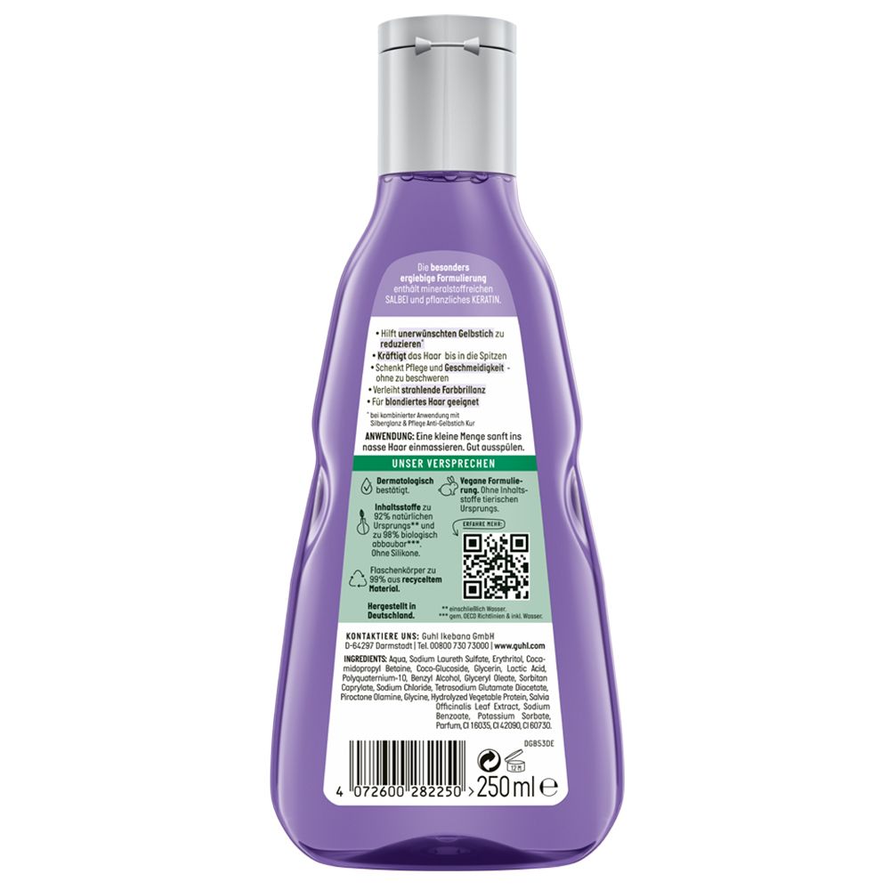 Rückseite der GUHL Silberglanz & Pflege Shampoo Flasche. Text, QR-Code, Inhaltsstoffe, 250ml.