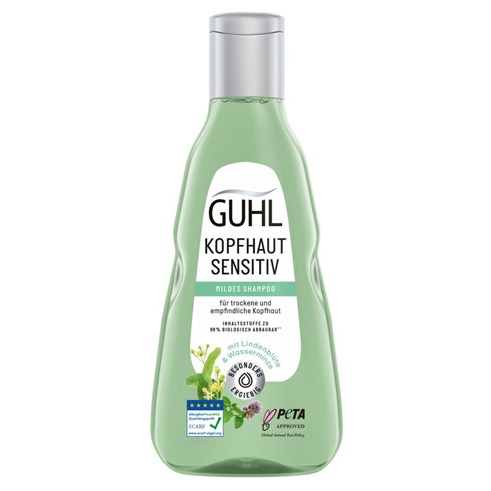 GUHL Kopfhaut Sensitiv Shampoo. Grüne Flasche mit silbernem Deckel. PETA-Logo und weitere Siegel.