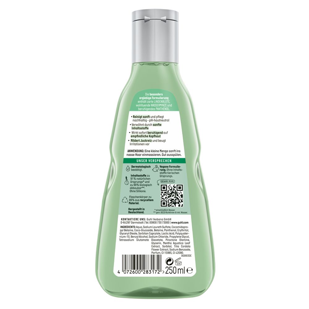 Rückseite der GUHL Kopfhaut Sensitiv Shampoo Flasche. Textinformationen, QR-Code und Inhaltsstoffe.