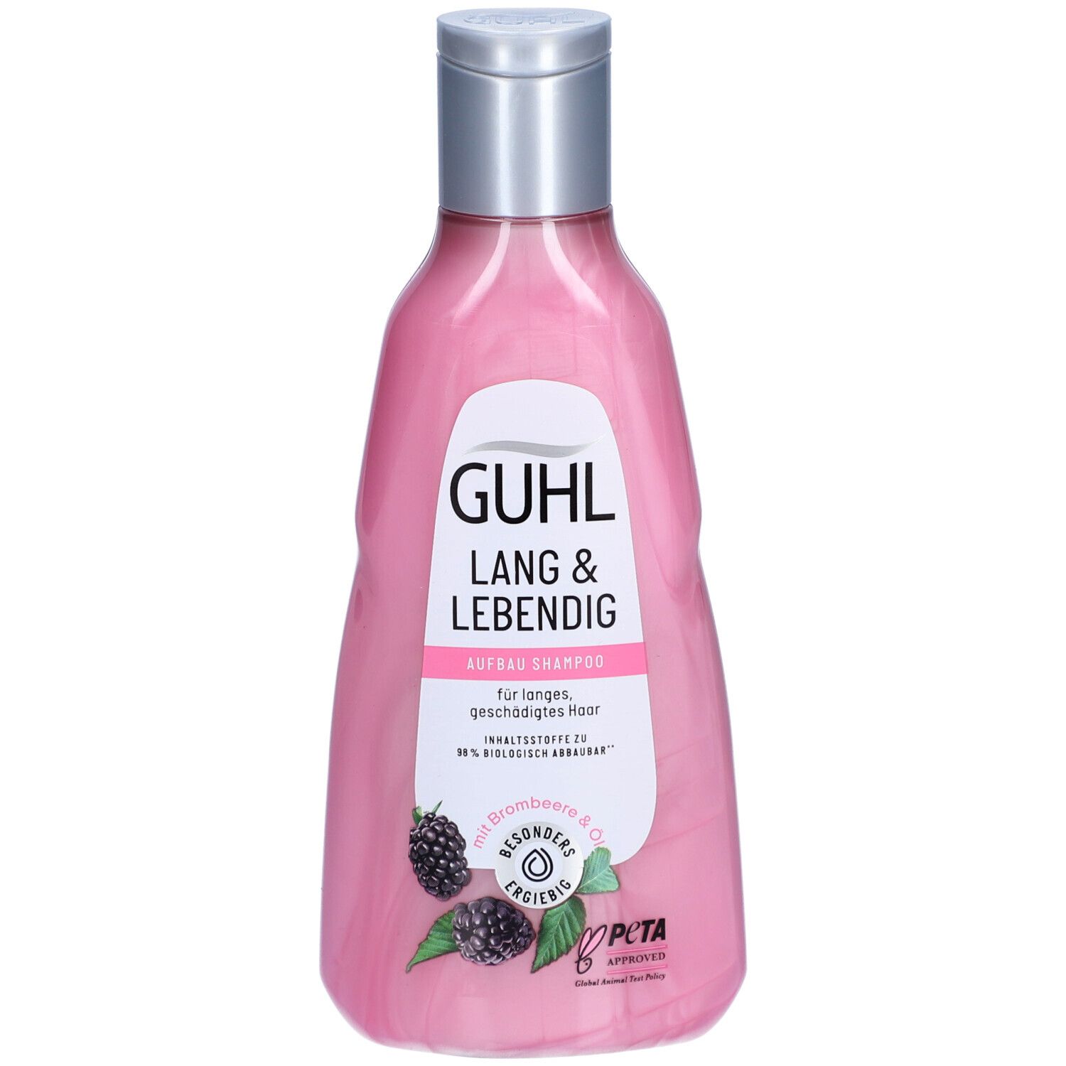 Rosa Shampoo-Flasche mit silbernem Deckel. Aufschrift: GUHL, LANG & LEBENDIG. Mit Brombeere & Co. PETA-Logo.