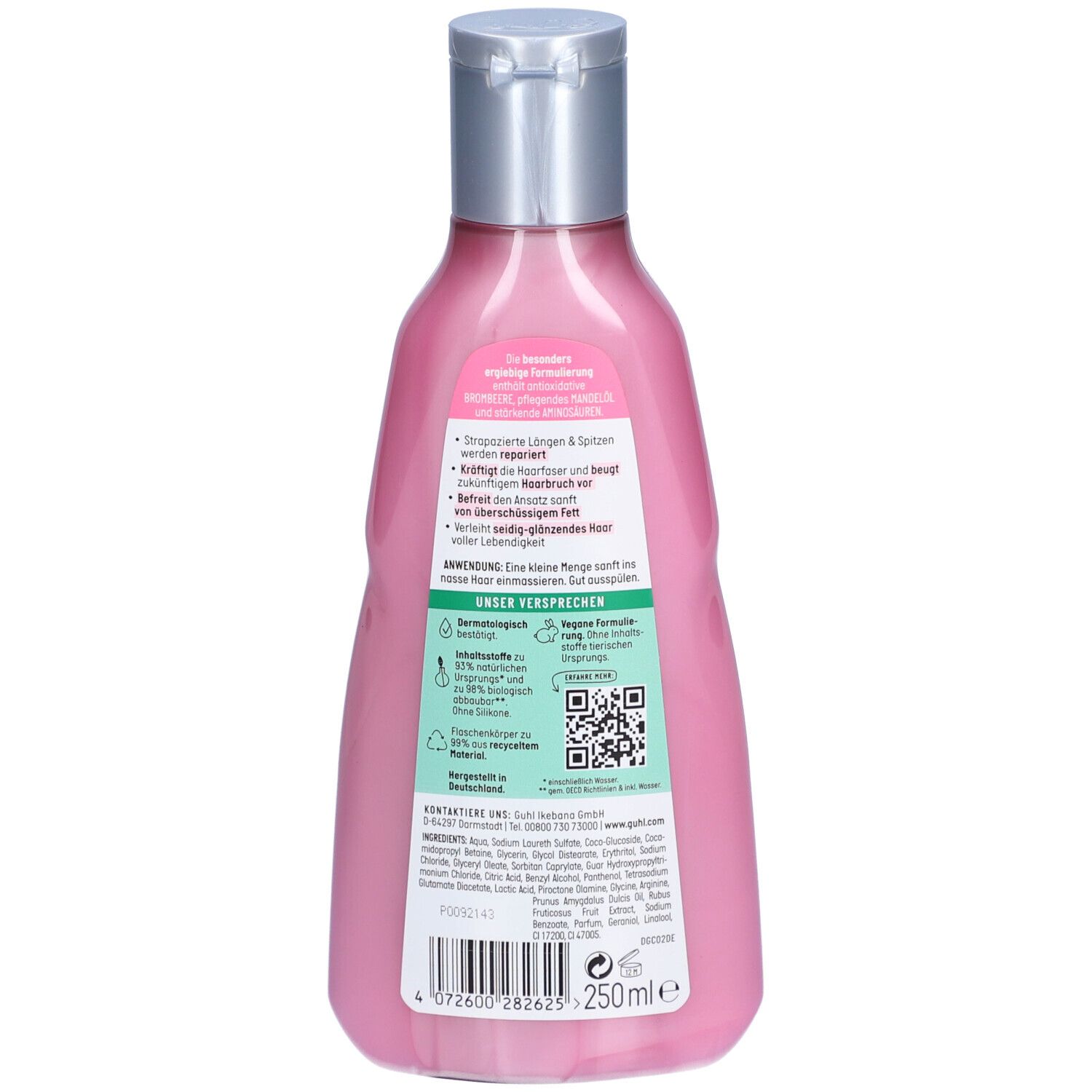 Rückseite der rosa Shampoo-Flasche. Text: Inhaltsstoffe, Anwendungshinweise, QR-Code. Volumen: 250ml.