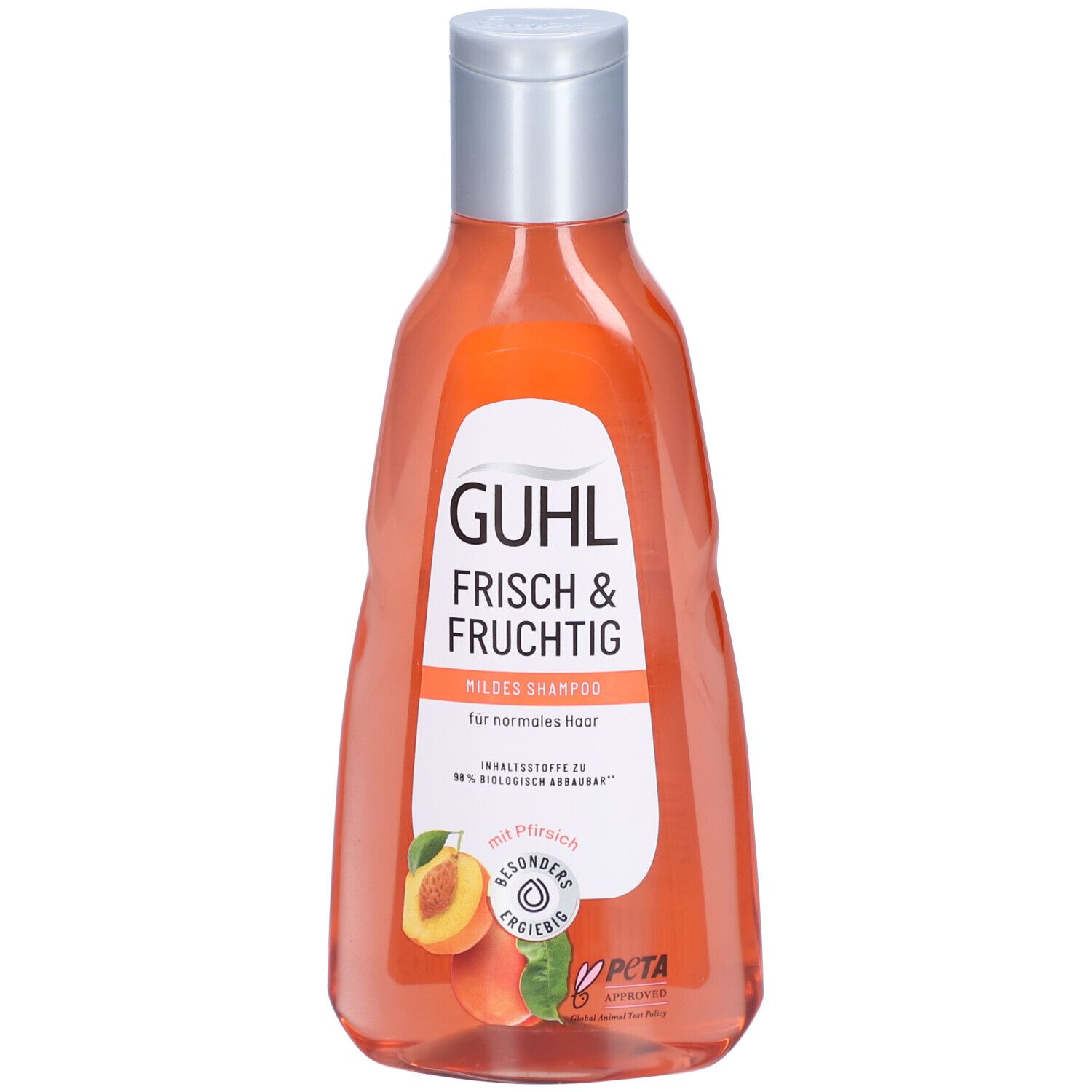 GUHL Shampoo, orangefarbene Flasche mit silbernem Deckel. Aufschrift: FRISCH & FRUCHTIG, mildes Shampoo für normales Haar. Mit Pfirsich.