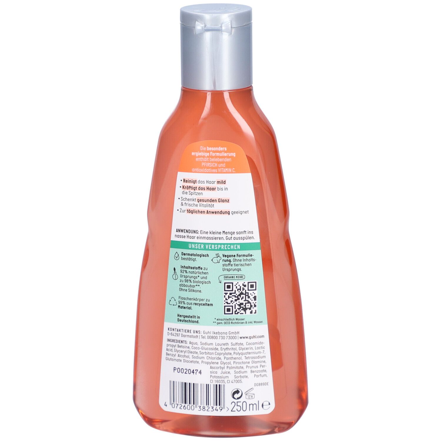 Rückseite der Shampoo-Flasche. Enthält Informationen zu Inhaltsstoffen, Anwendung und Nachhaltigkeit. QR-Code.