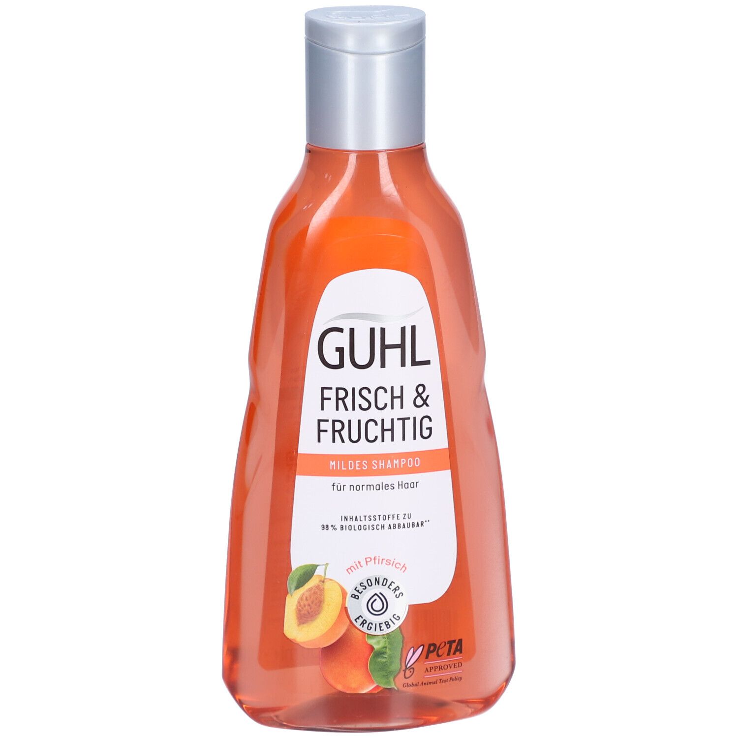 GUHL Shampoo, orangefarbene Flasche mit silbernem Deckel. Aufschrift: FRISCH & FRUCHTIG, mildes Shampoo für normales Haar. Mit Pfirsich.