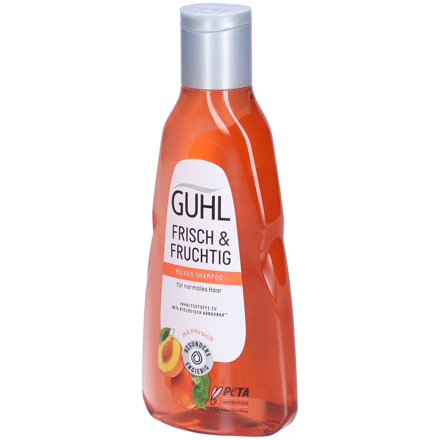 GUHL Shampoo, orangefarbene Flasche mit silbernem Deckel. Aufschrift: FRISCH & FRUCHTIG, mildes Shampoo für normales Haar. Mit Pfirsich.