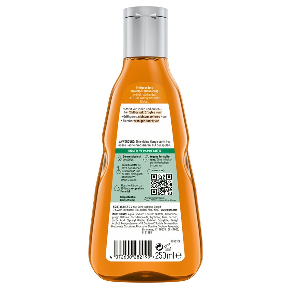Rückseite der GUHL Shampoo Flasche. Text: Anwendung, Inhaltsstoffe, unser Versprechen, QR-Code, PETA-Logo, 250ml.