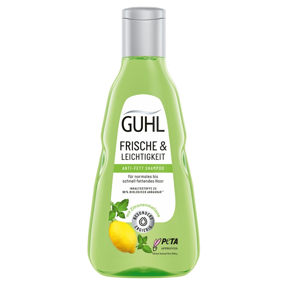 GUHL Anti-Fett Shampoo. Grüne Flasche mit silbernem Deckel. Enthält Zitrone und Minze. PETA-Logo.
