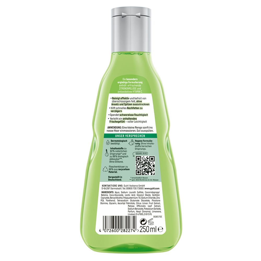 Rückseite der GUHL Anti-Fett Shampoo Flasche. Textinformationen, QR-Code, Inhaltsstoffe und Recycling-Hinweise.