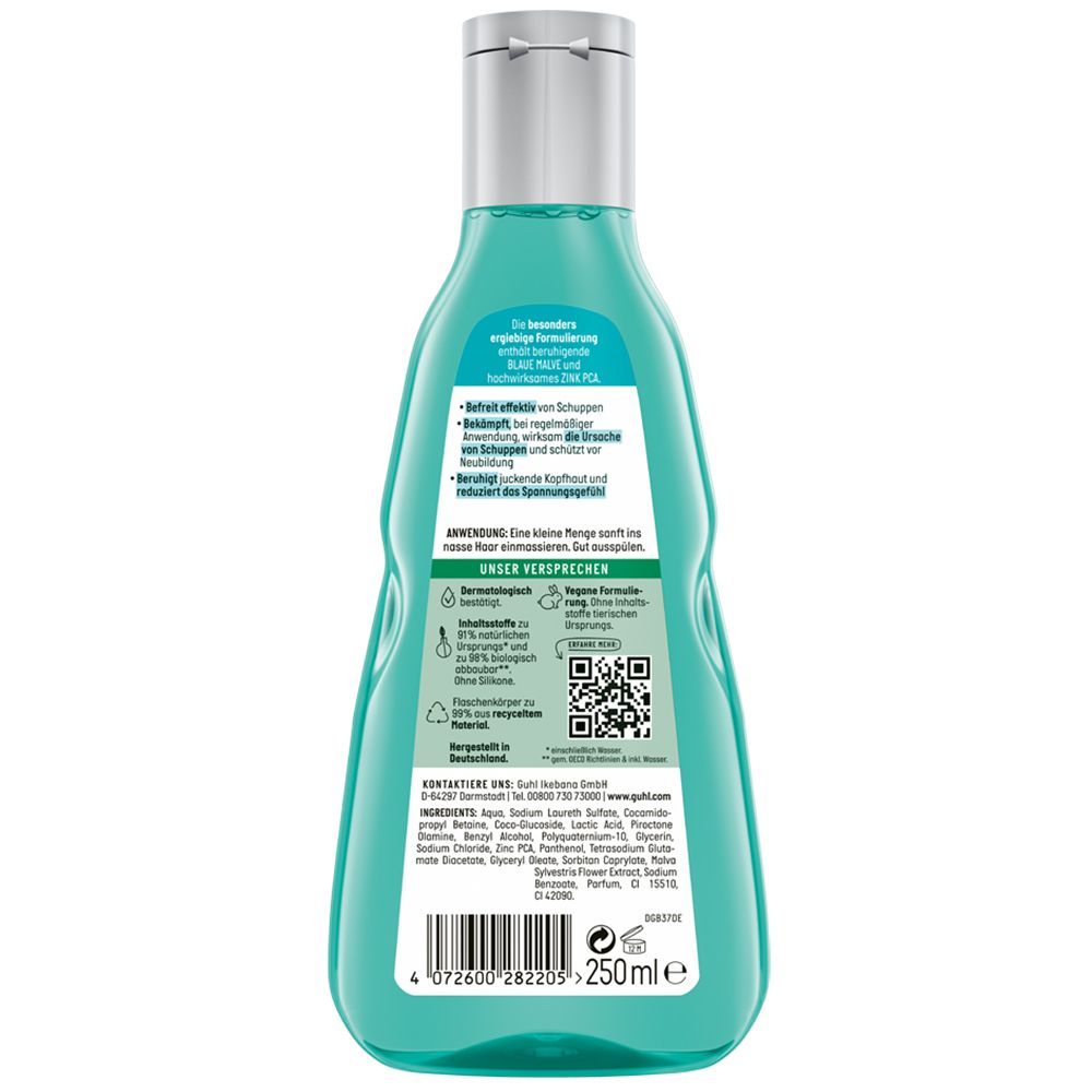 Rückseite der GUHL Anti-Schuppen Shampoo Flasche. Textinformationen, QR-Code, Inhaltsstoffe. 250ml. Barcode. PETA-Logo. Recycelbar.