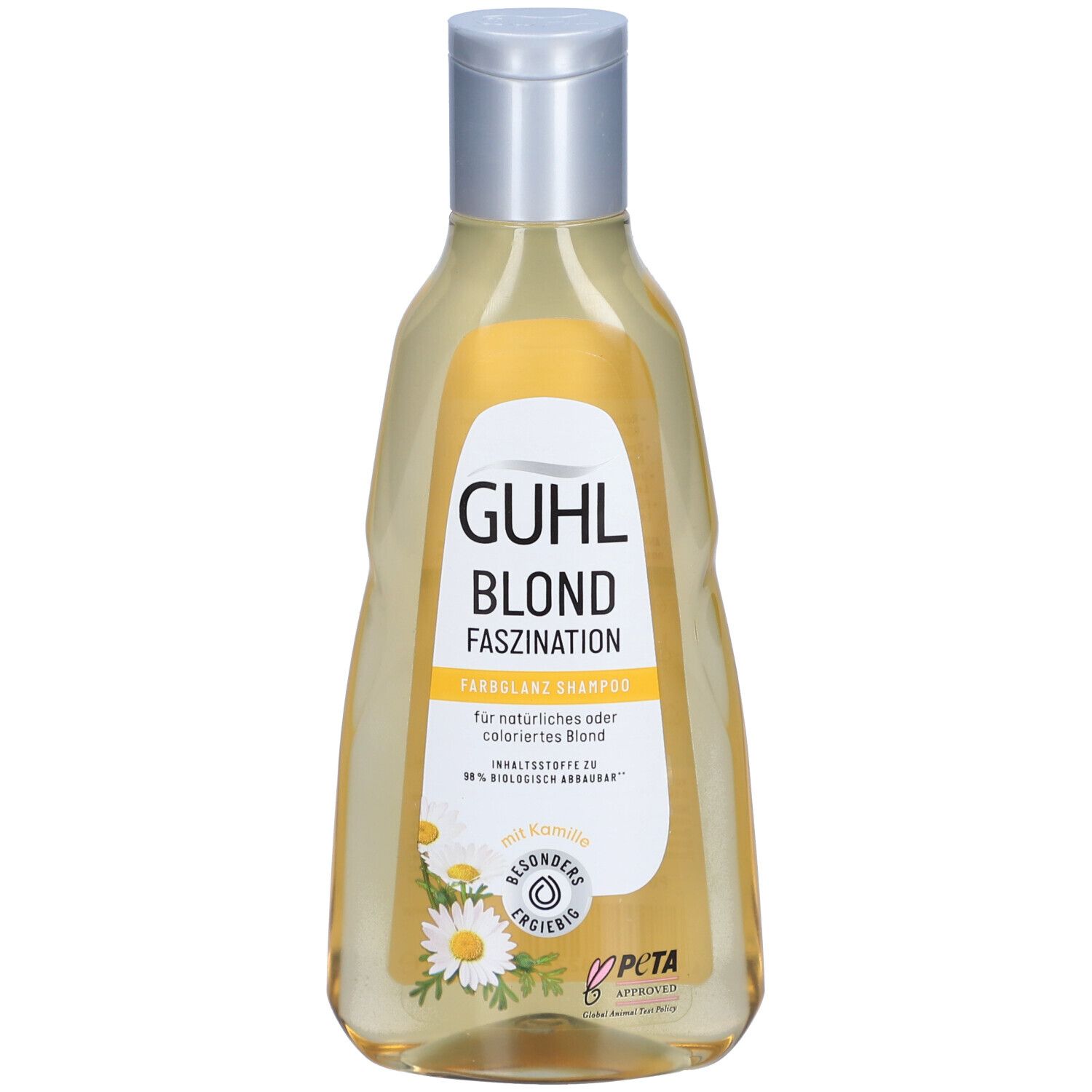 Shampoo GUHL Blond Faszination. Liquide jaune en flacon avec bouchon argenté. Inscription et fleurs de camomille.