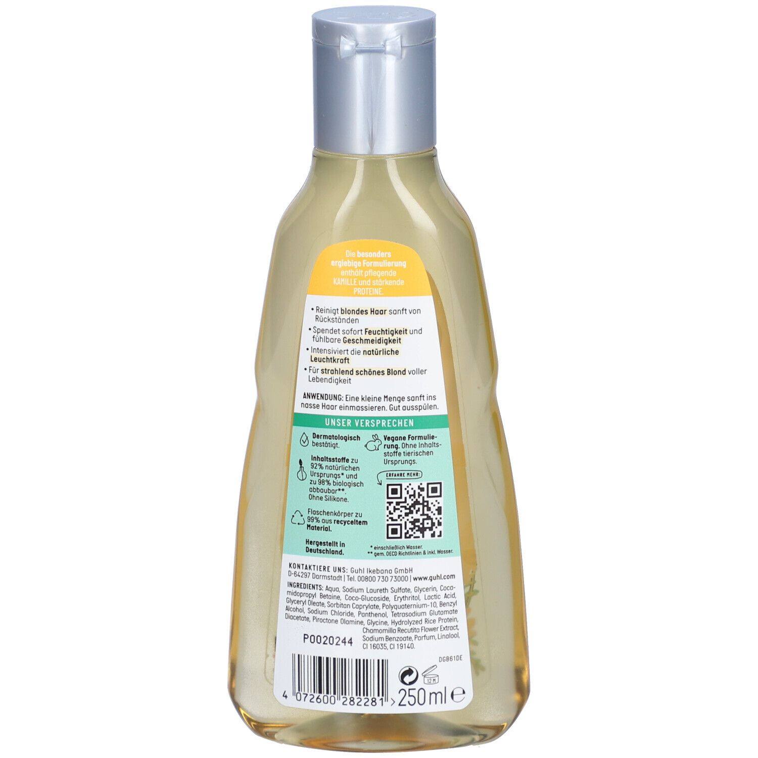 Dos de la bouteille de shampooing. Texte en allemand. Code QR et informations sur la composition.